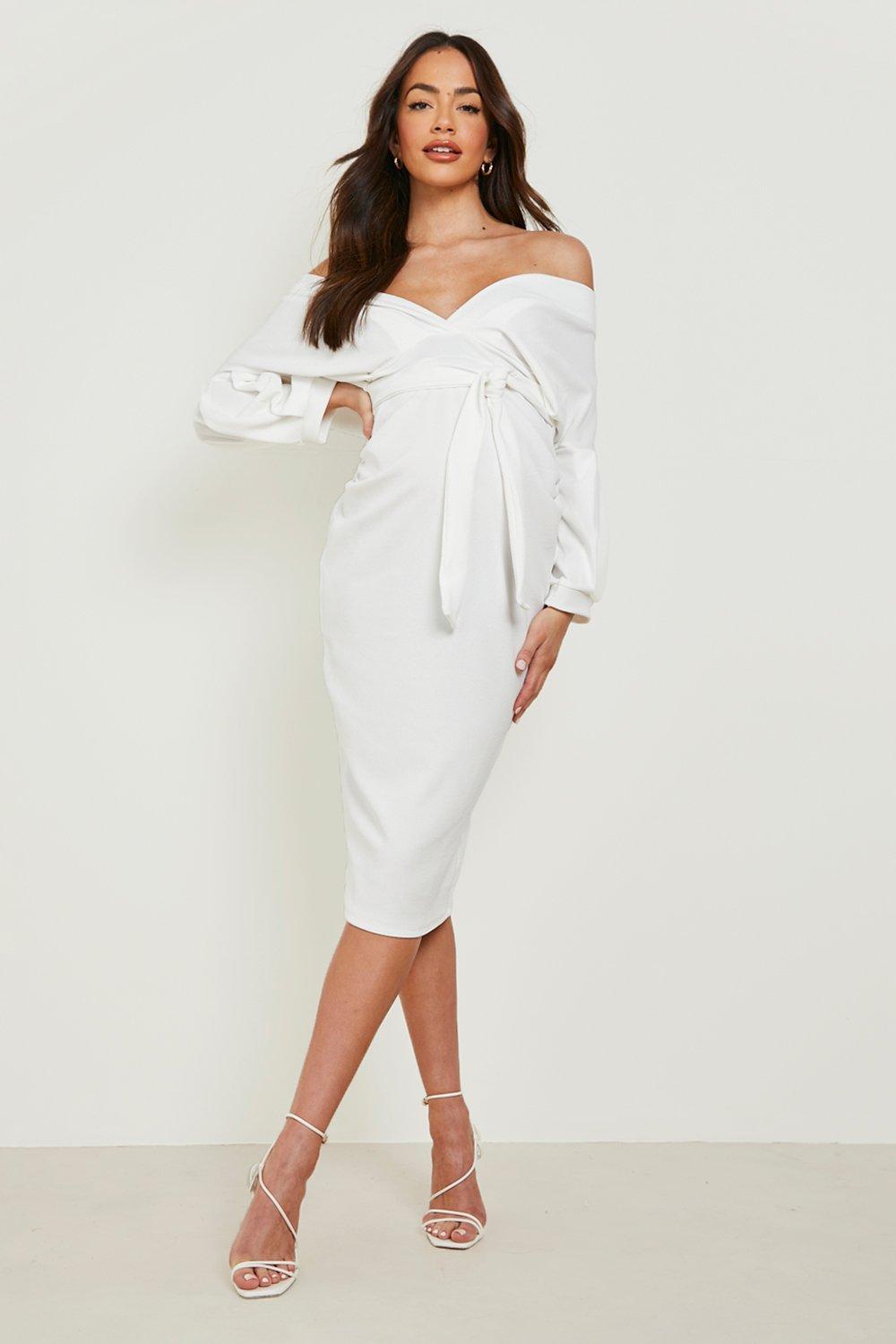 Boohoo Zwangerschaps Midi Wikkel Jurk Met Open Schouders, Ivory