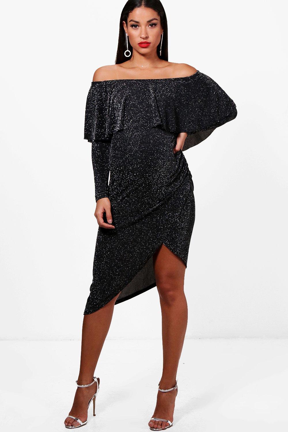 Maternity Ruffle Glitter Wrap Midi Dress | Boohoo