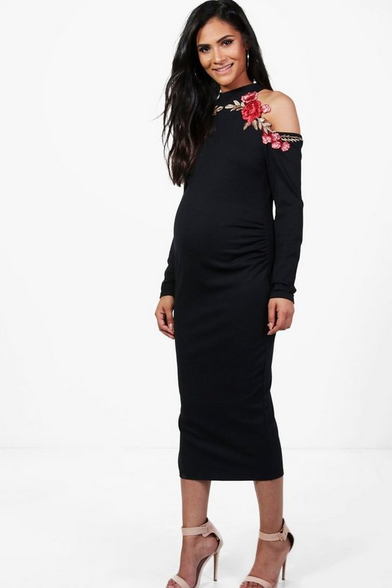 Maternity Ellie Floral Applique Open Shoulder Midi Dress