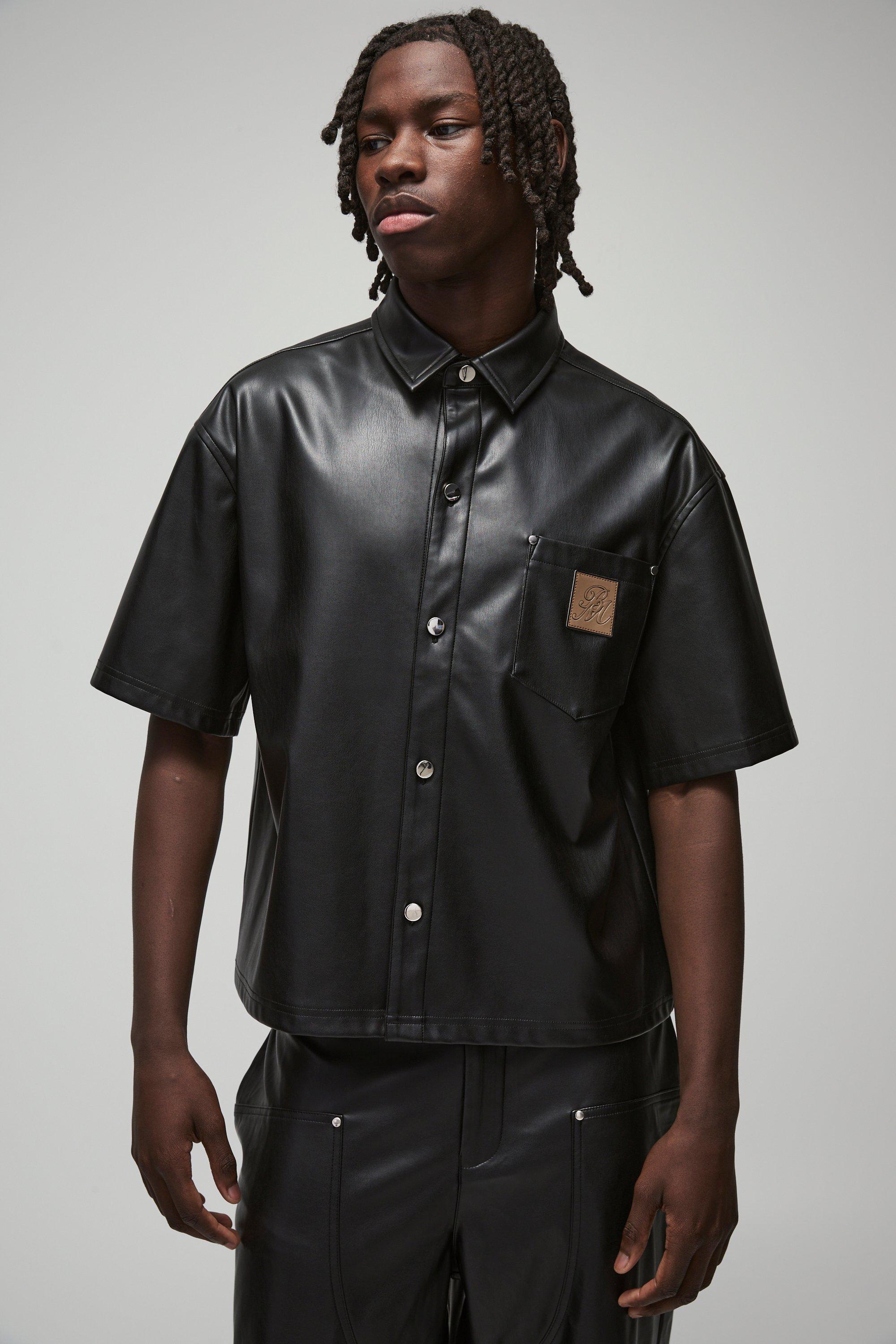 Mens Black Oversized PU Pocket Detail Boxy Shirt, Black