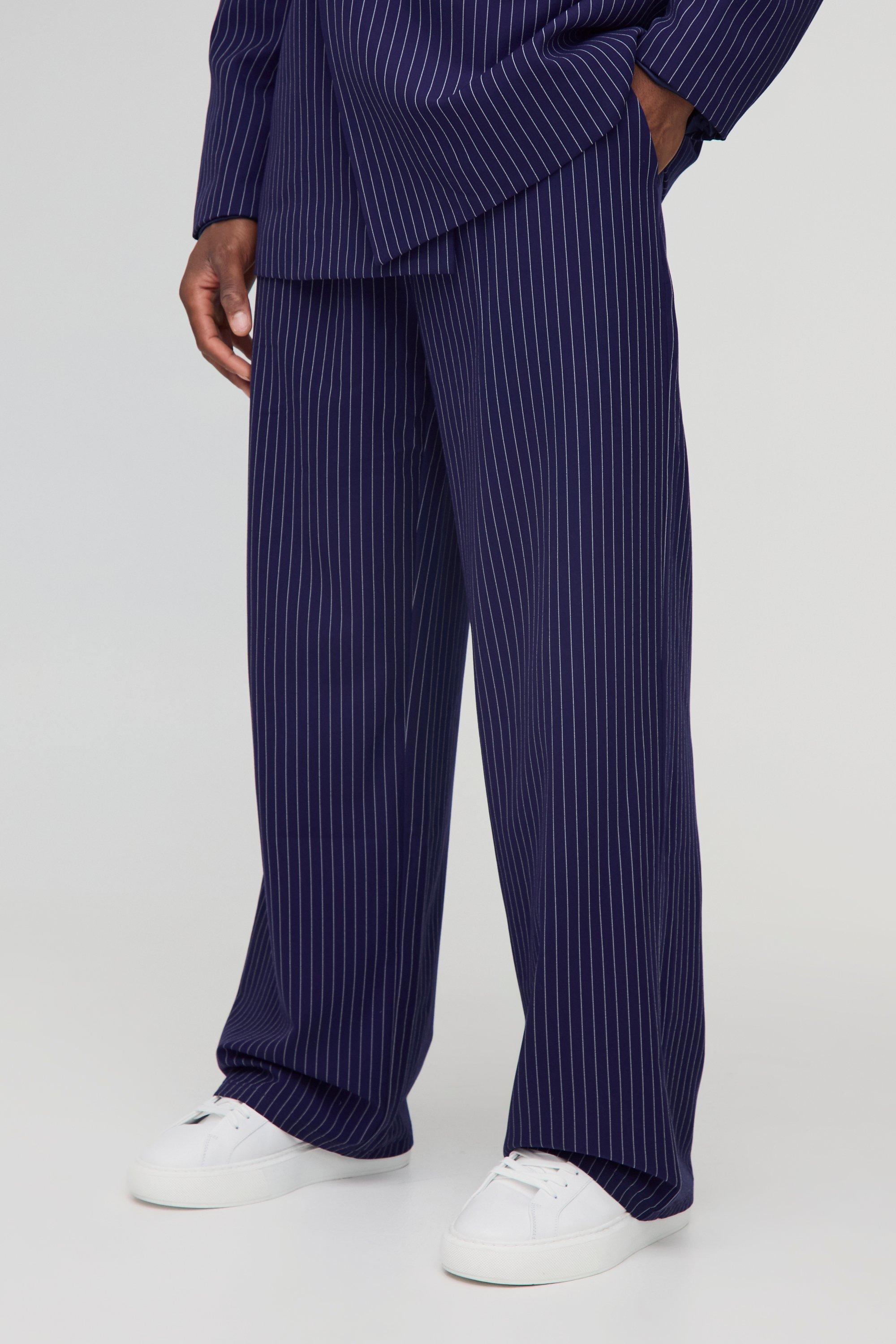Mens Navy Wide Leg Pinstripe Fixed Waist Trouser, Navy
