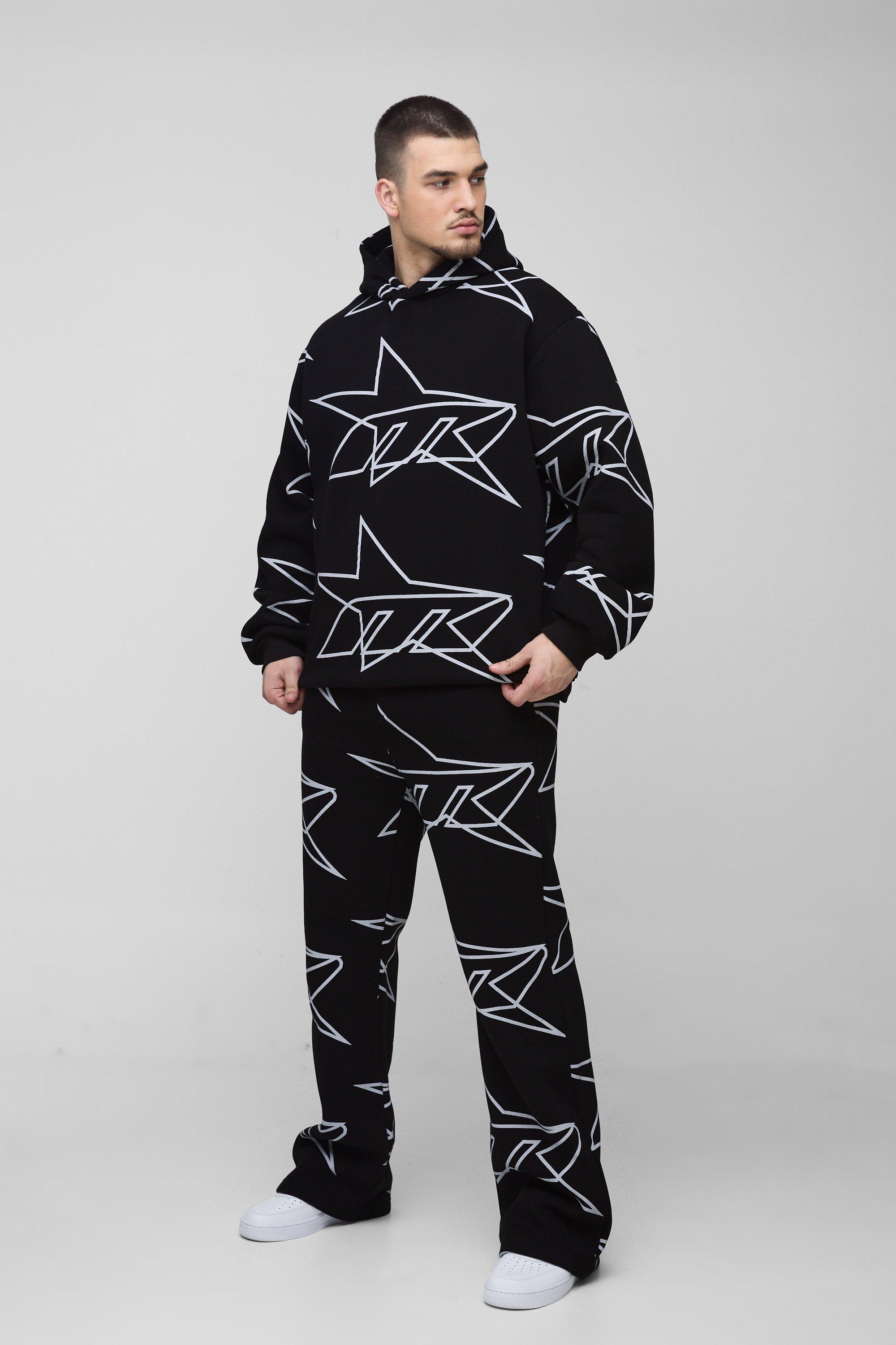 Mens Black Tall Oversized Star All Over Printed Gusset Flare Hooded Tracksuit, Black