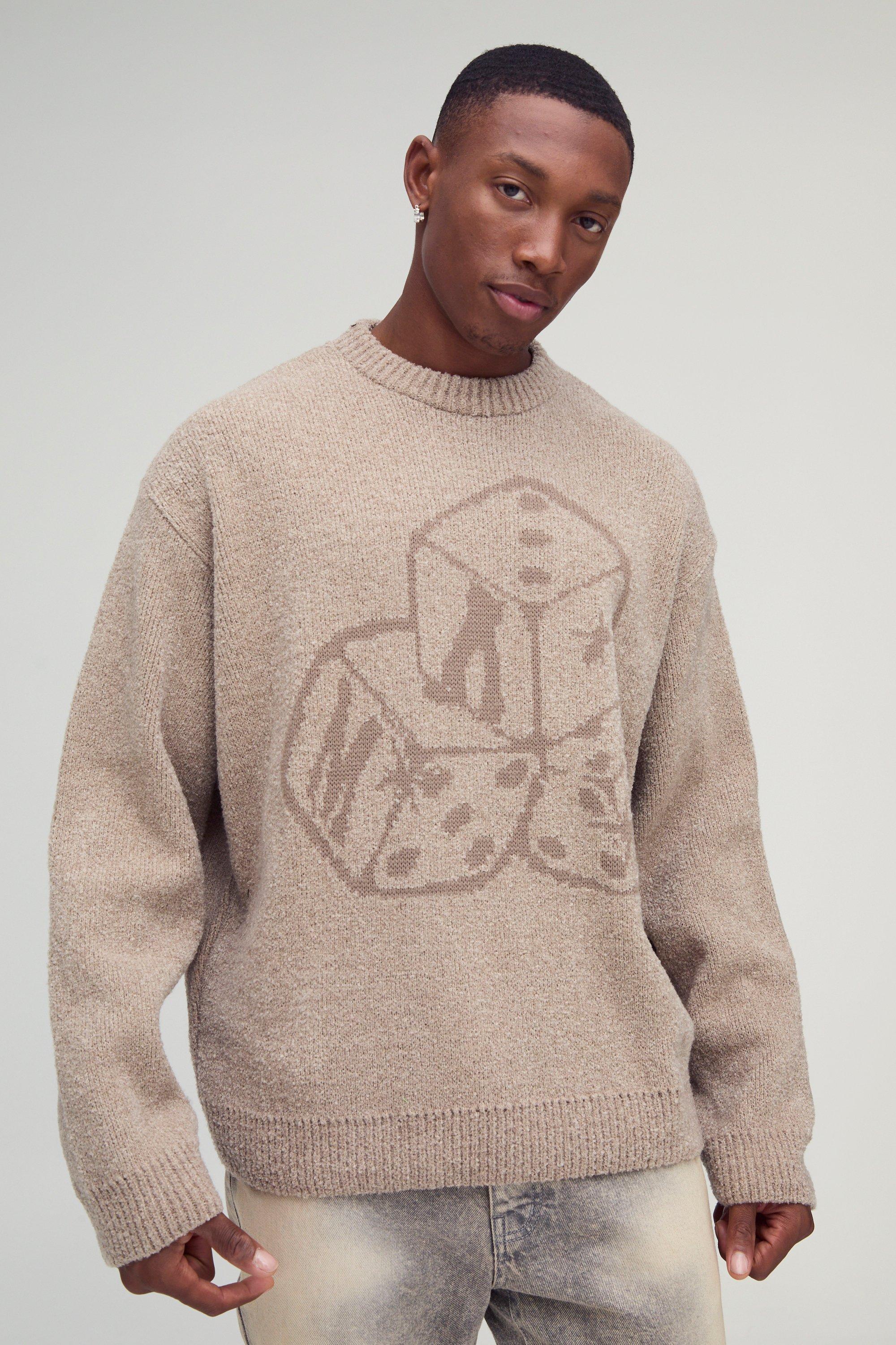 Mens Cream Oversized Boxy Dice Graphic Brushed Knitted Jumper, Cream