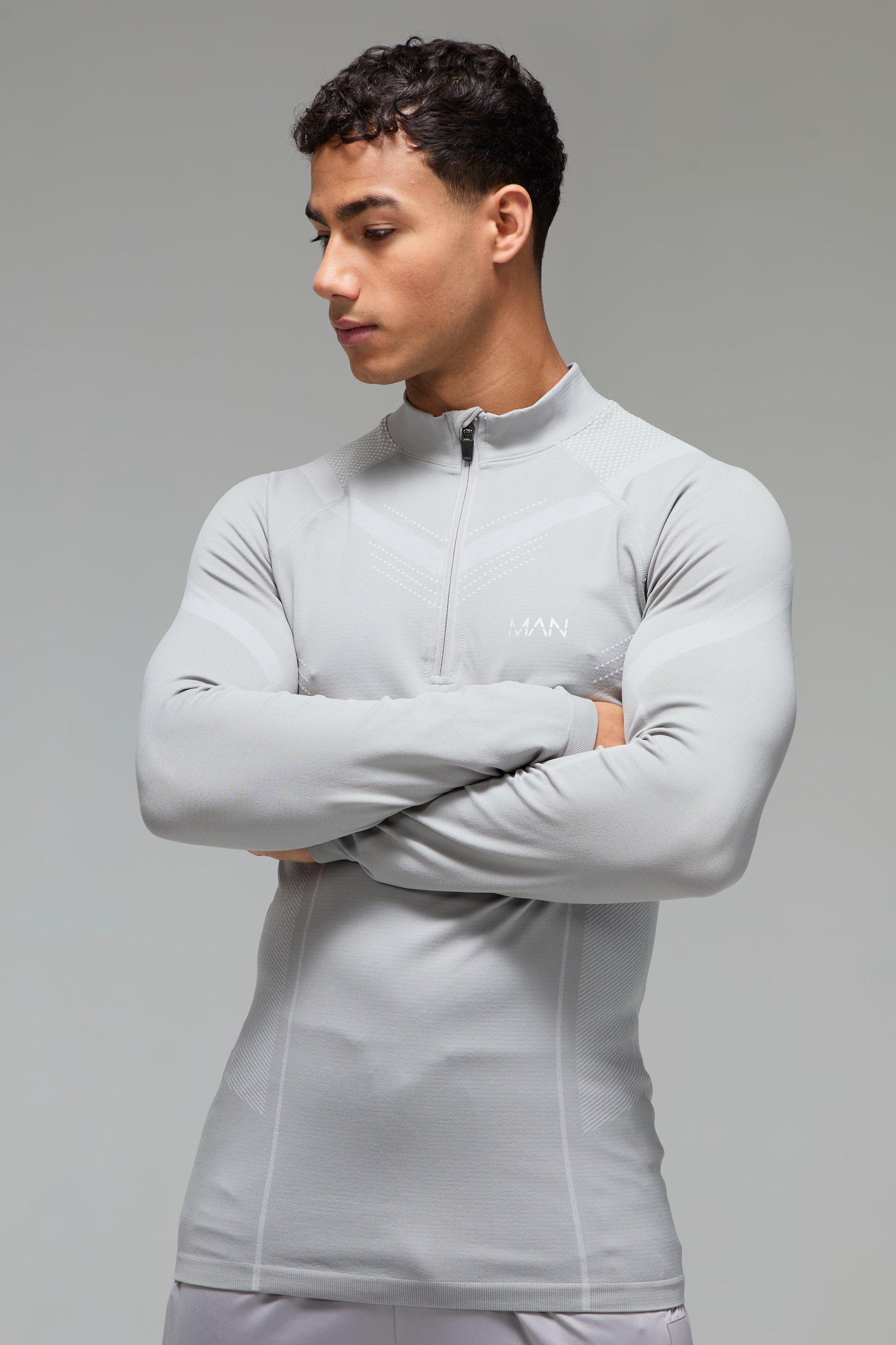 Top attillato Man Active traforato senza cuciture con zip corta, Grigio