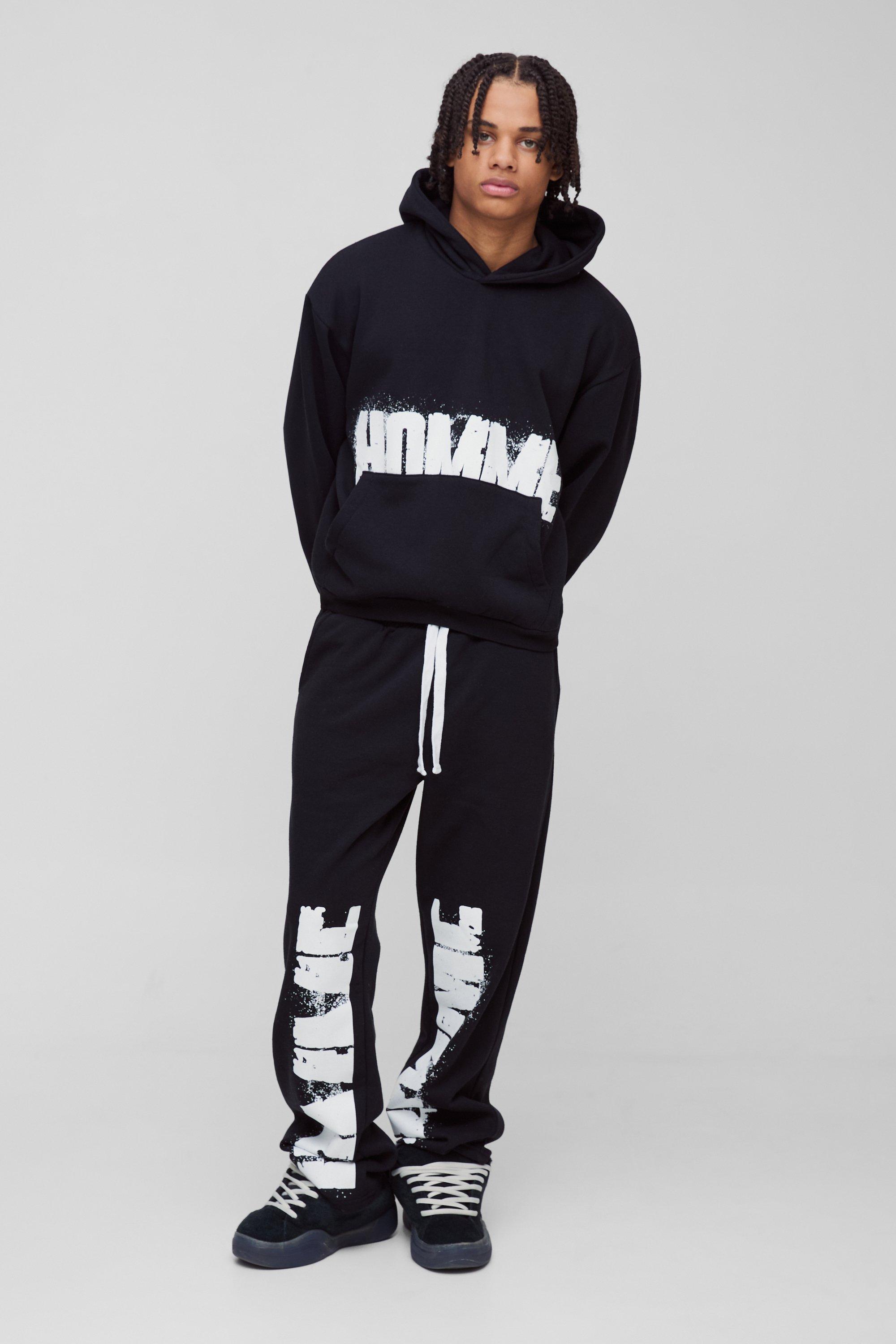 Mens Black Oversized Boxy Homme Paint Splatter Hooded Gusset Tracksuit, Black