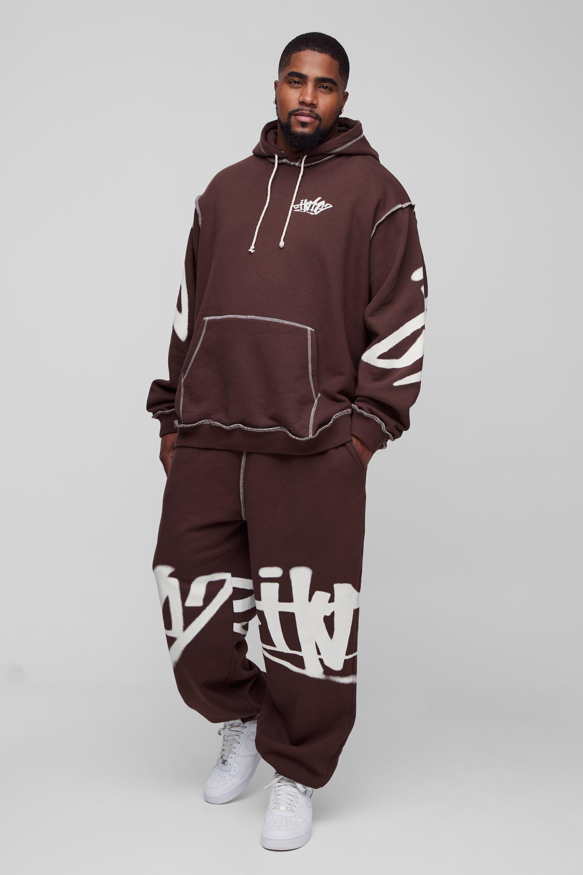 Mens Brown Plus Oversized Man Graffiti Rope Drawcord Hooded Tracksuit, Brown