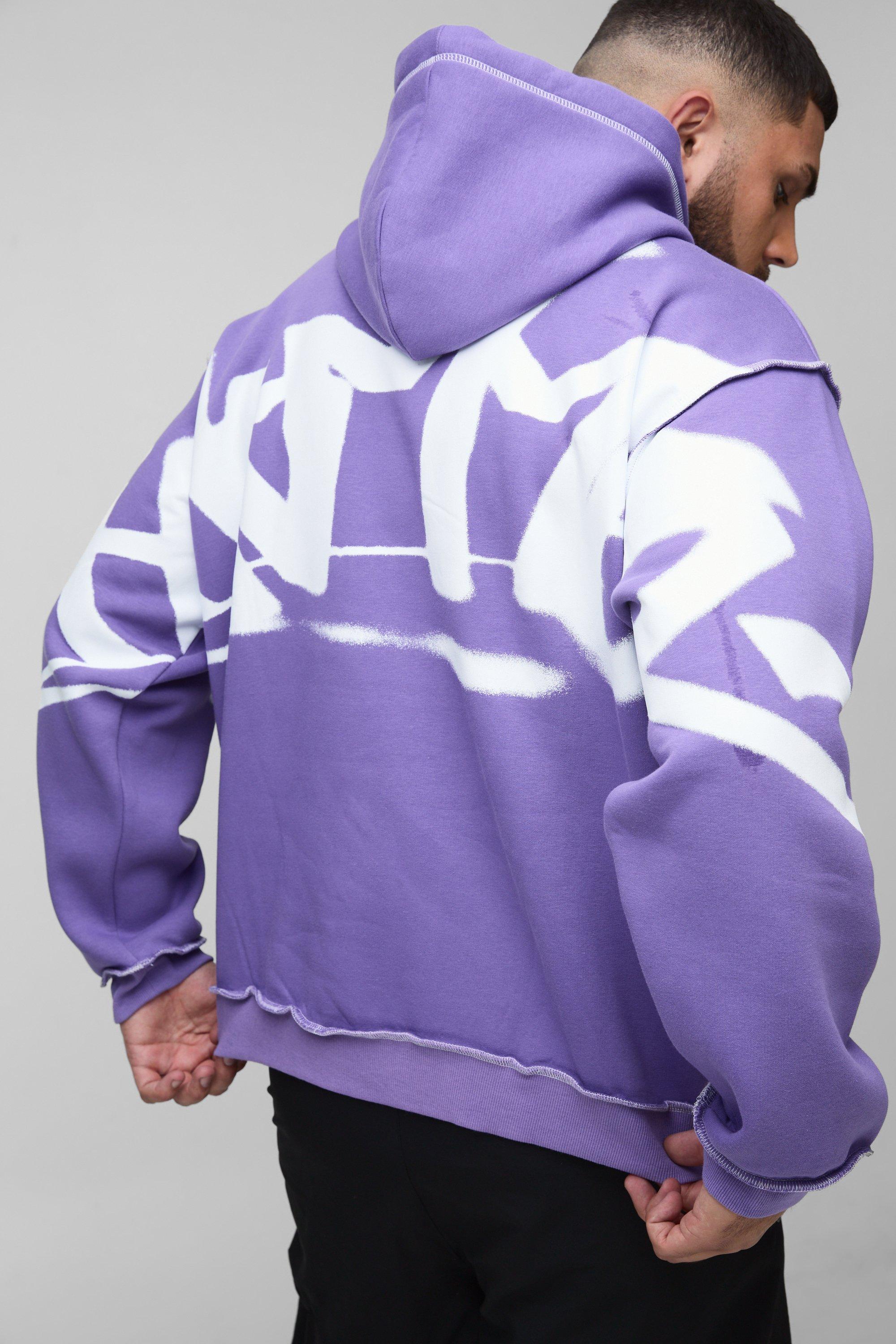 Mens Purple Plus Oversized Man Graffiti Rope Drawcord Hoodie, Purple