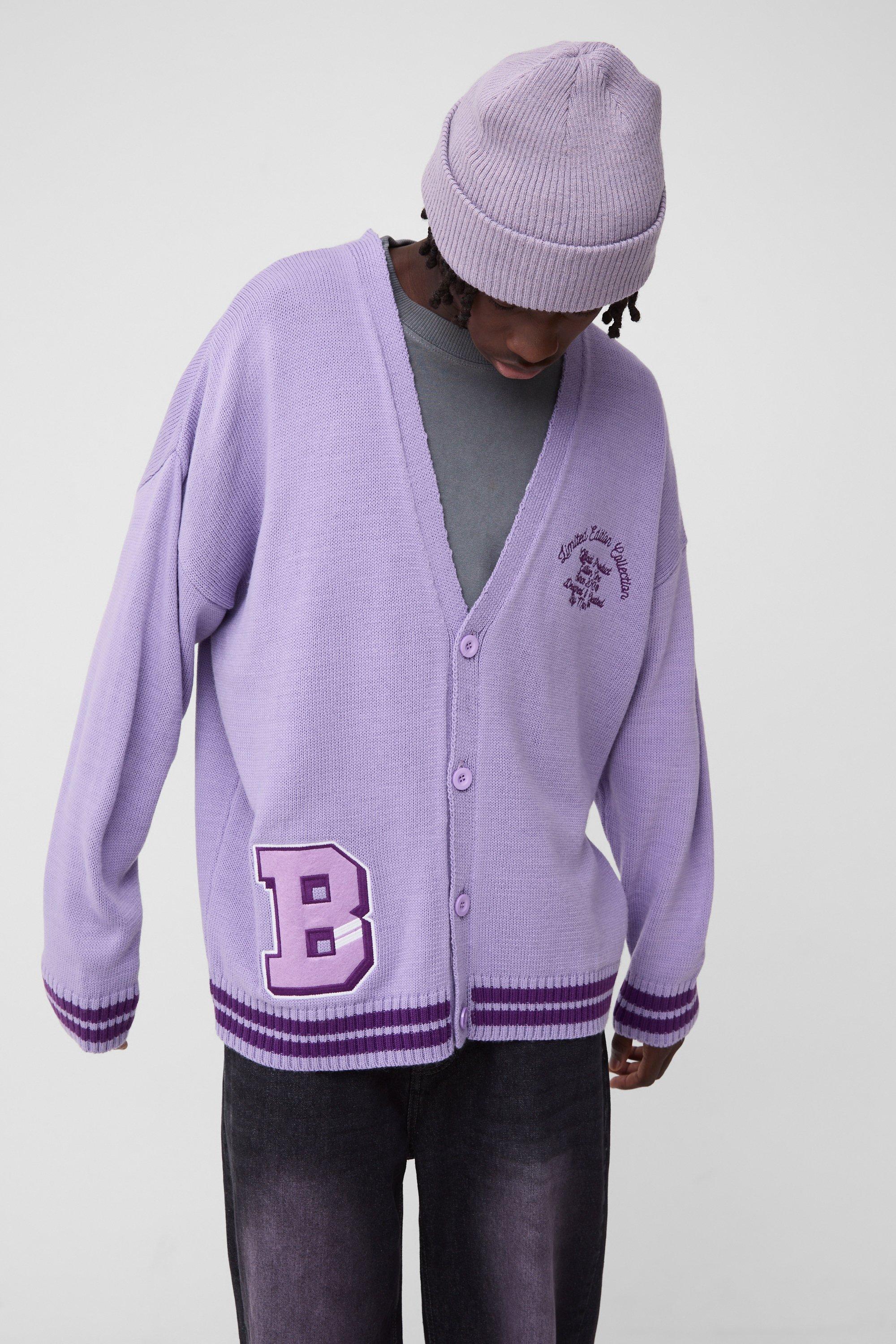 Boohoo Oversized Gebreide Drop Shoulder Varsity Cardigan, Purple