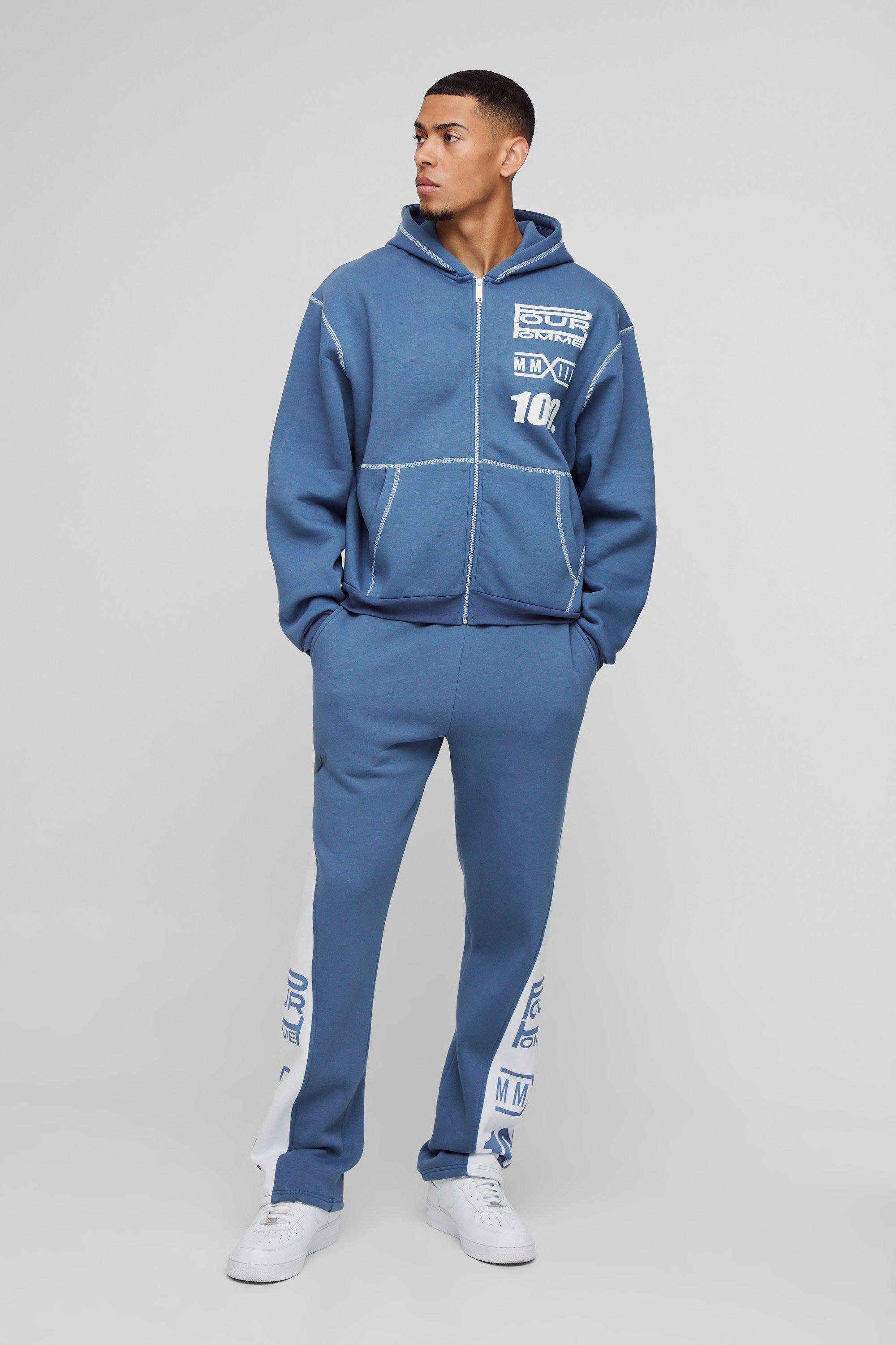 Tuta sportiva squadrata oversize da moto con inserti, zip e cappuccio, Azzurro
