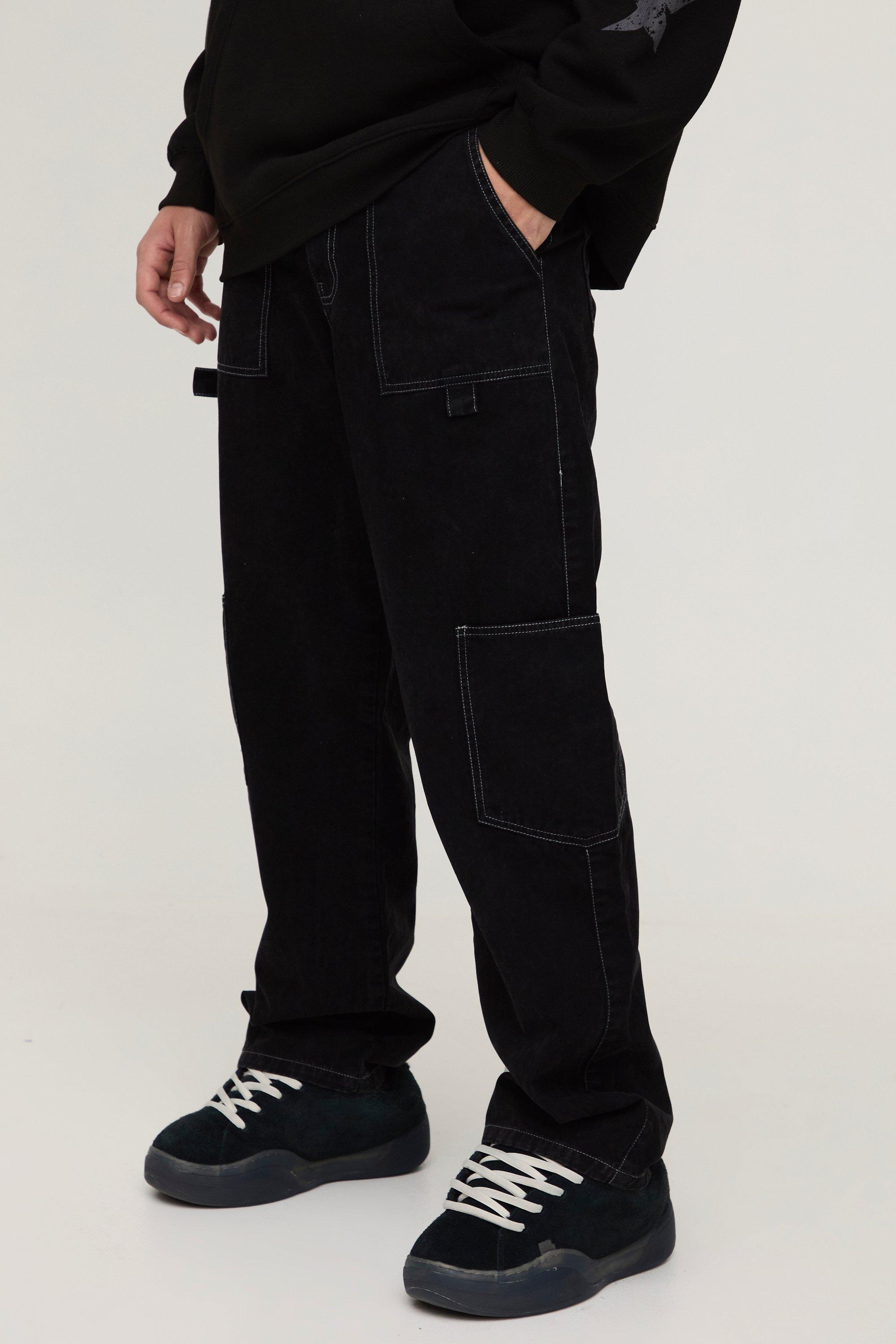 Mens Black Relaxed Acid Wash Twill Cargo Trousers, Black