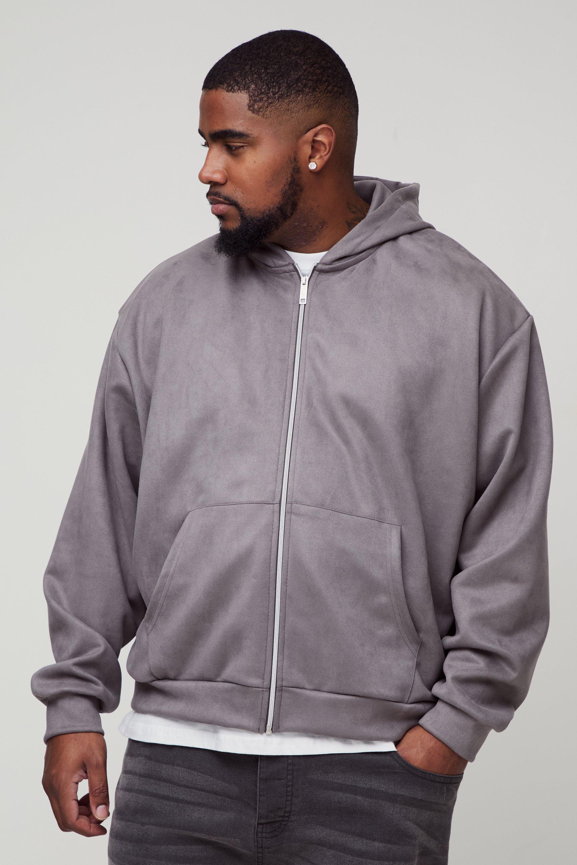 Mens Grey Plus Oversized Boxy Zip Thru Faux Suede Hoodie, Grey