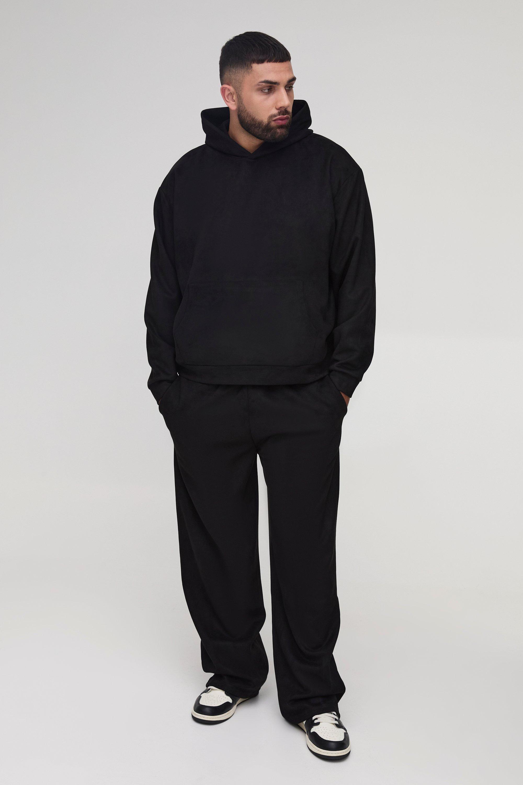 Mens Black Plus Oversized Boxy Hooded Faux Suede Relaxed Tracksuit, Black