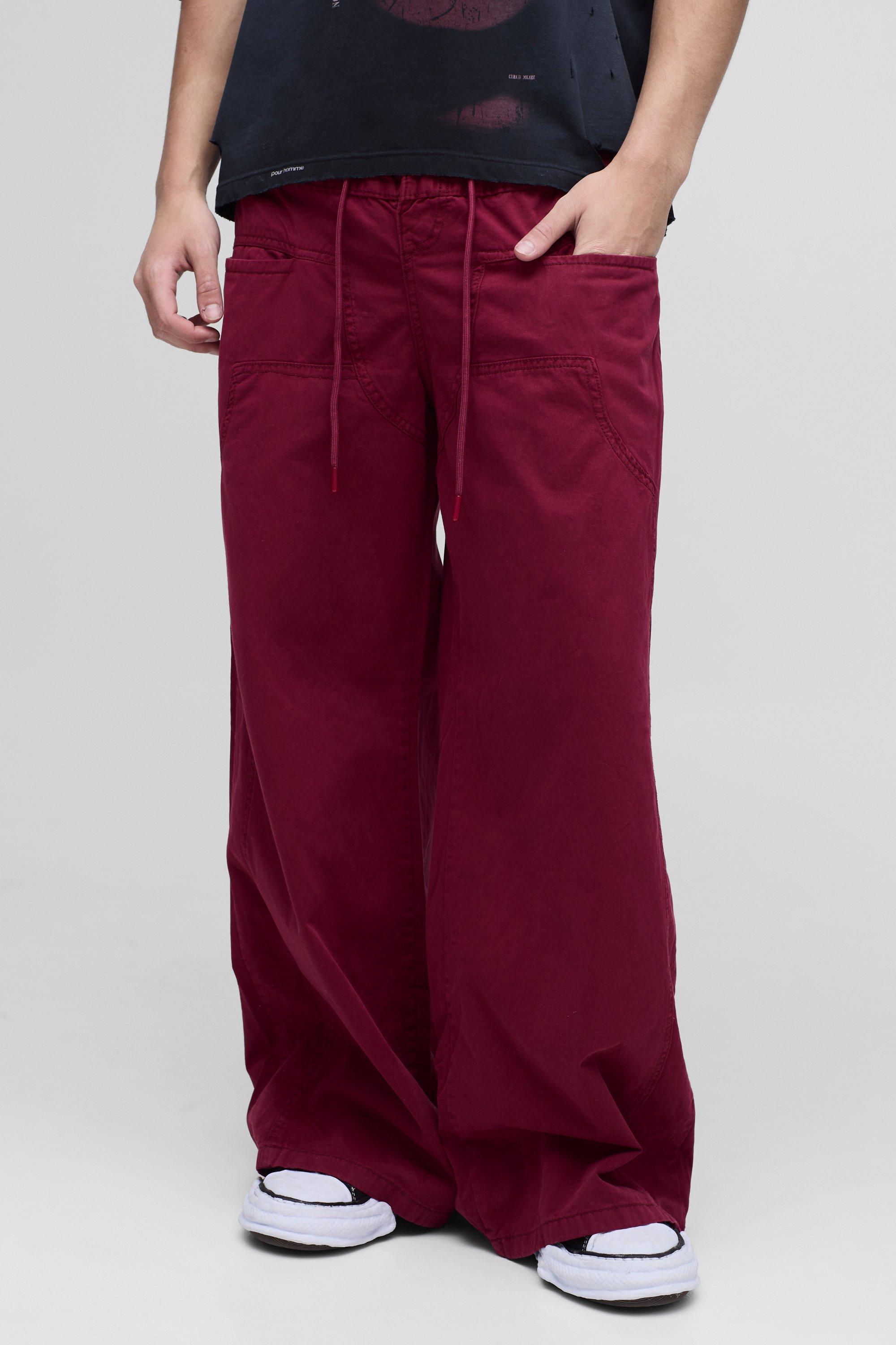 Mens Red Elasticated Waist Extreme Baggy Twill Waistband Detail Trousers, Red