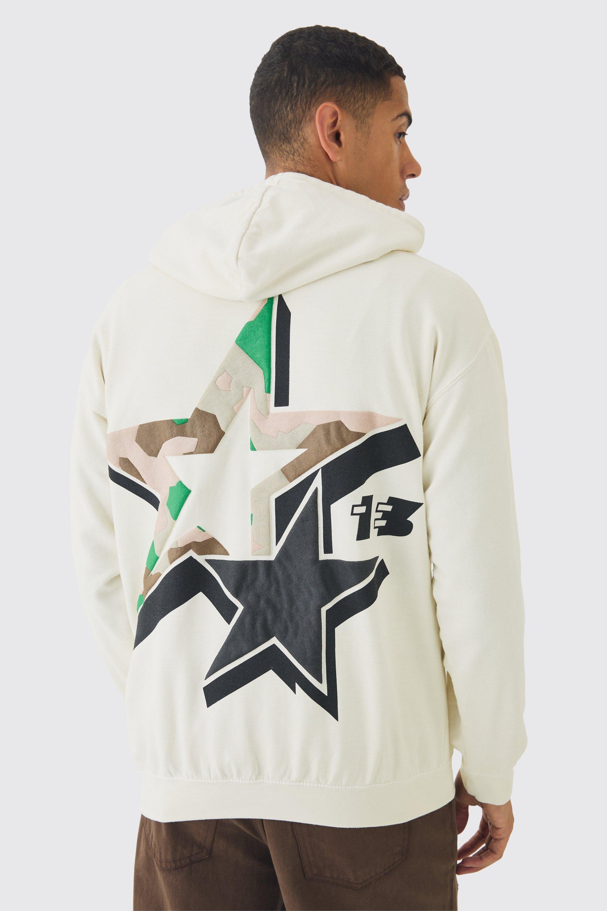 Mens Cream Regular Fit Camo Star Puff Print Hoodie, Cream