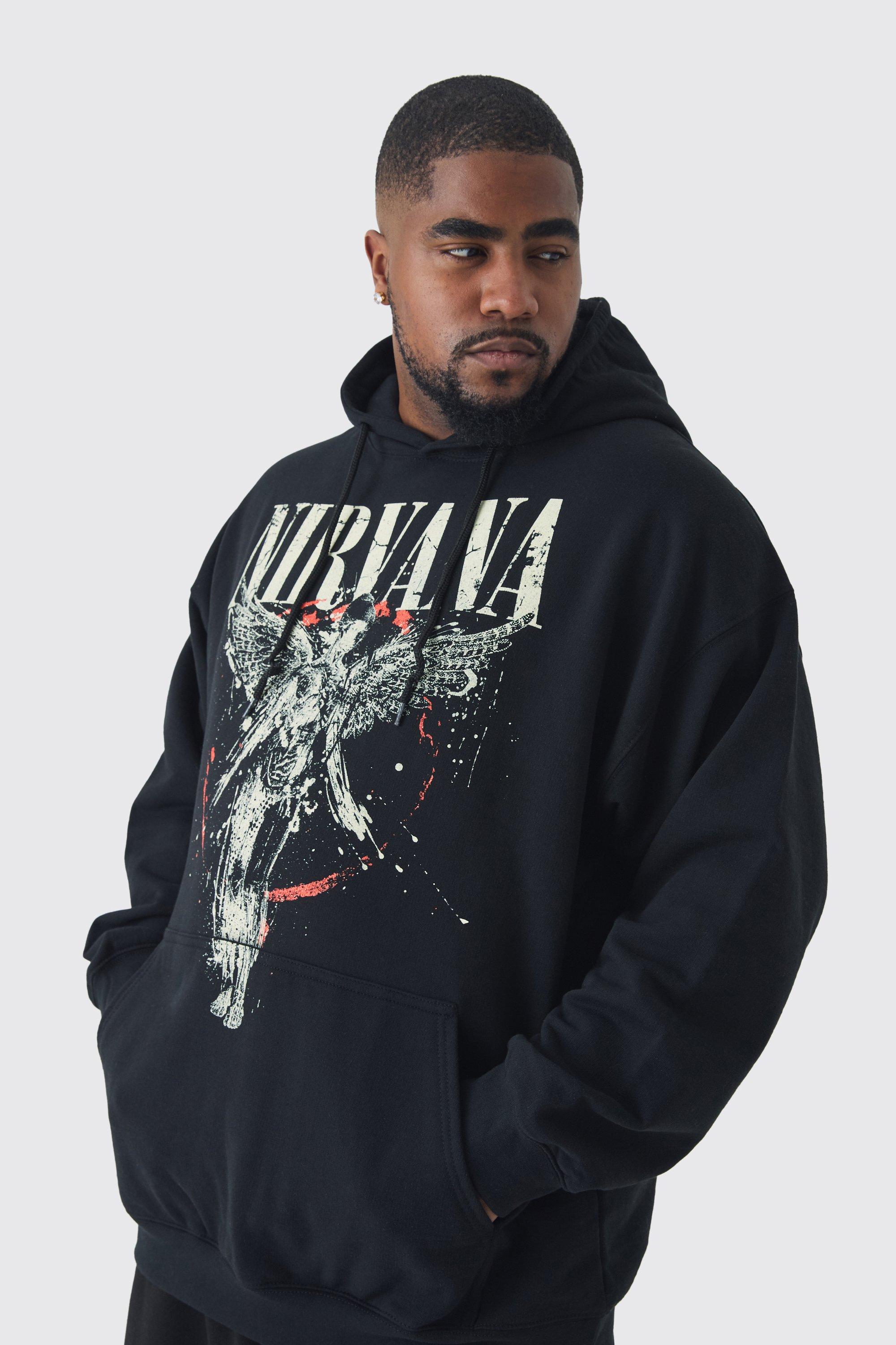 Mens Black Plus Oversized Nirvana License Print Hoodie, Black