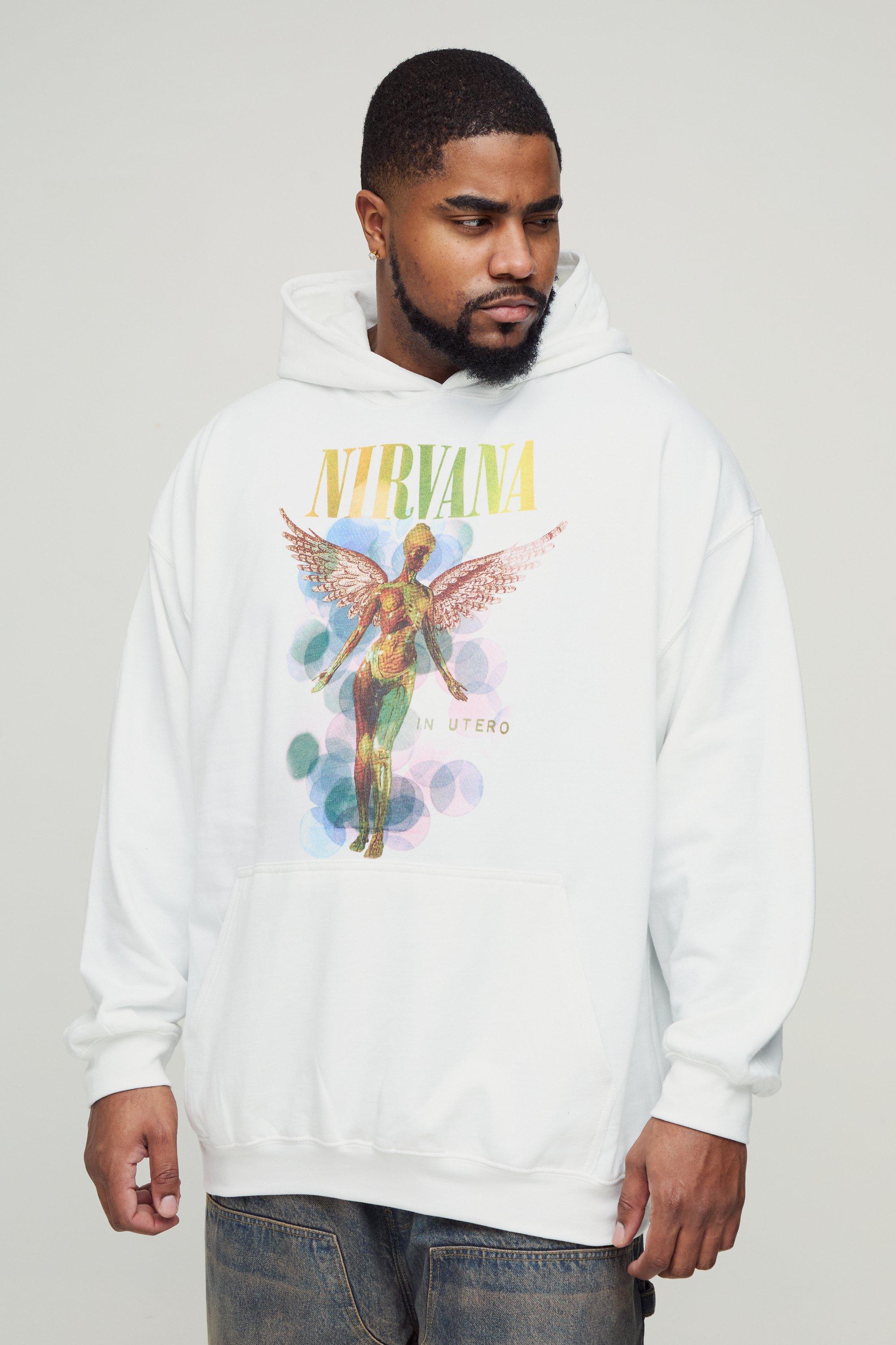 Mens White Plus Oversized Nirvana License Print Hoodie, White