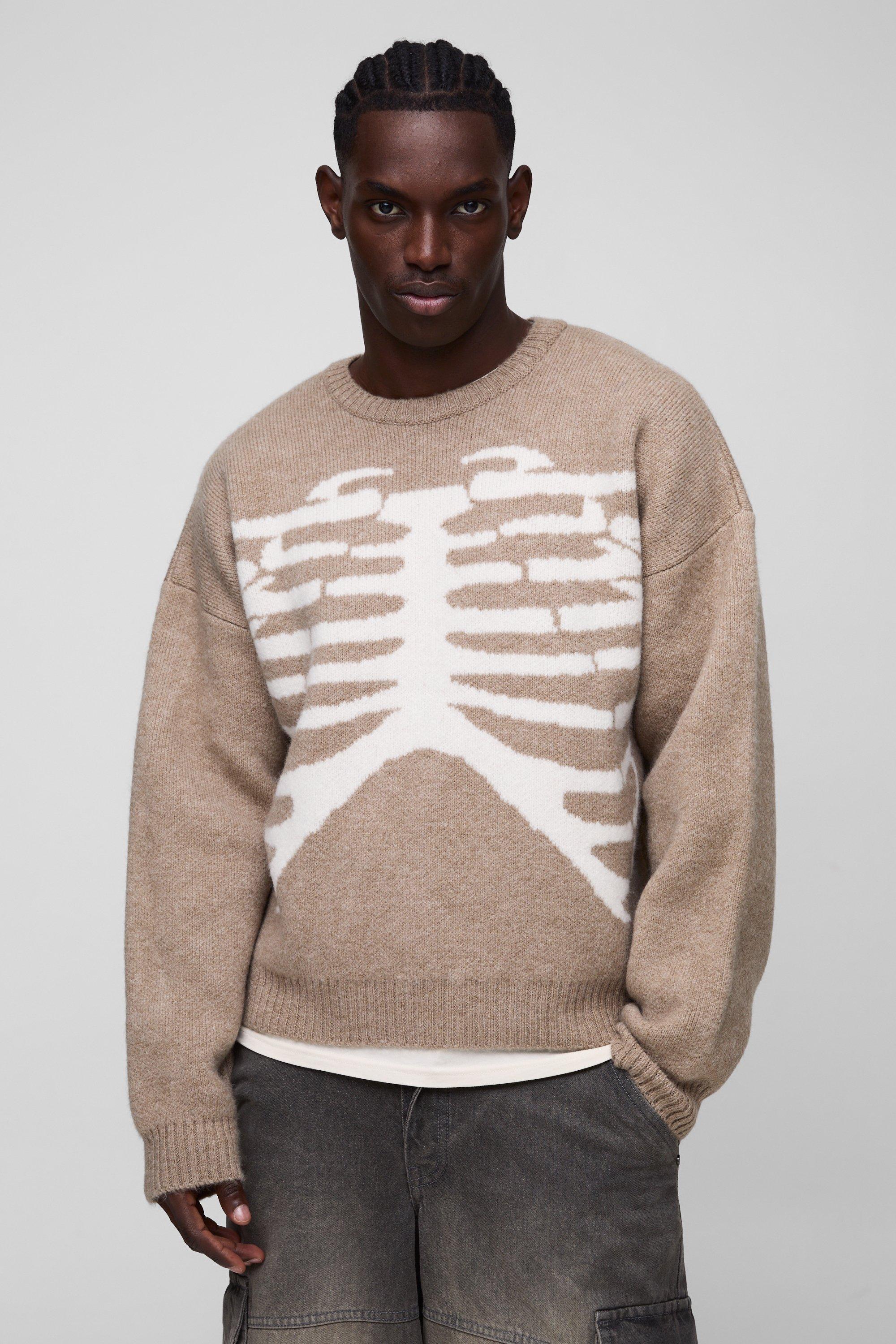 Mens Brown Oversized Boxy Brushed Skeleton Graphic Knitted Jumper, Brown