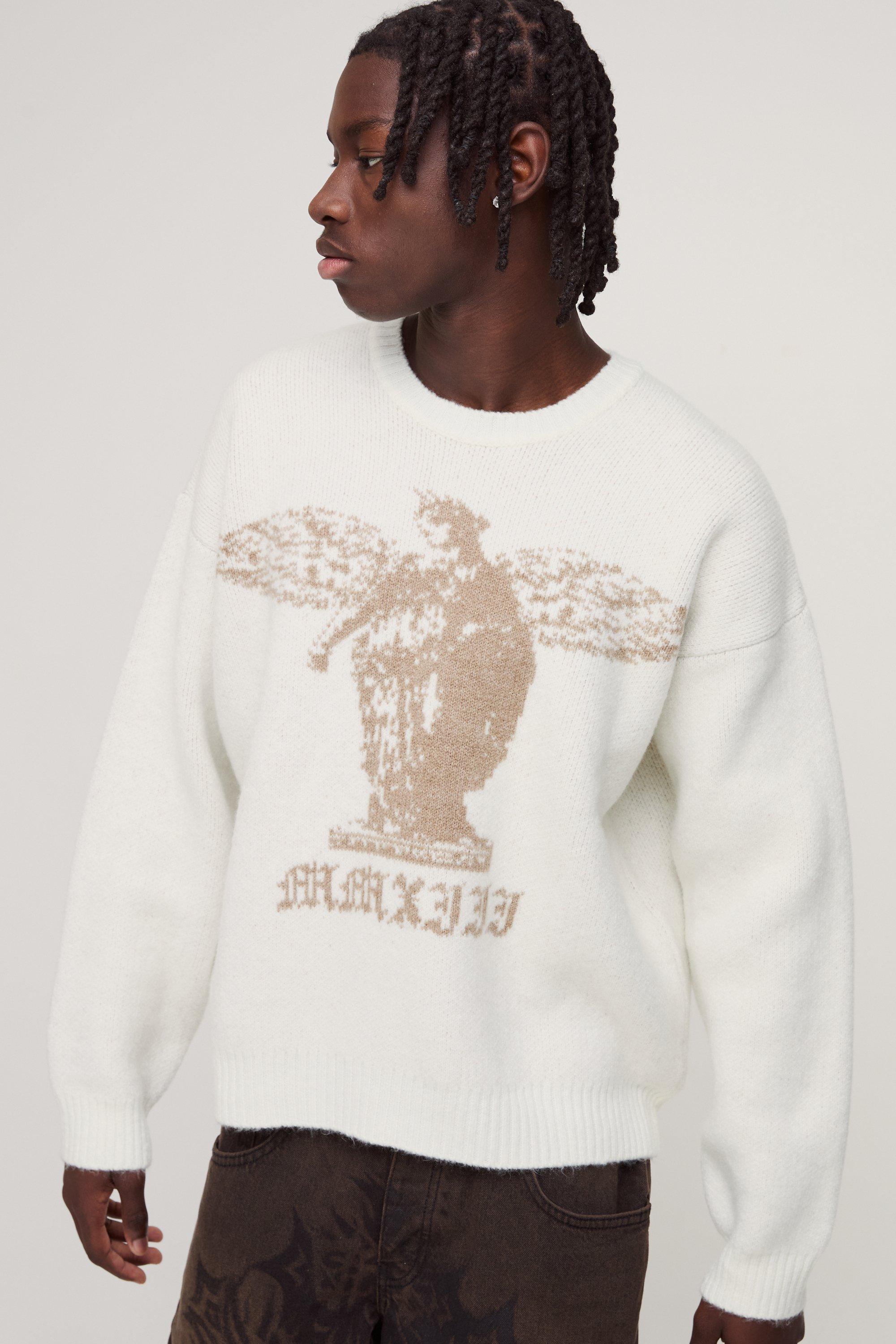 Mens Cream Boxy Brushed Gothic Graphic Knitted Jumper, Cream