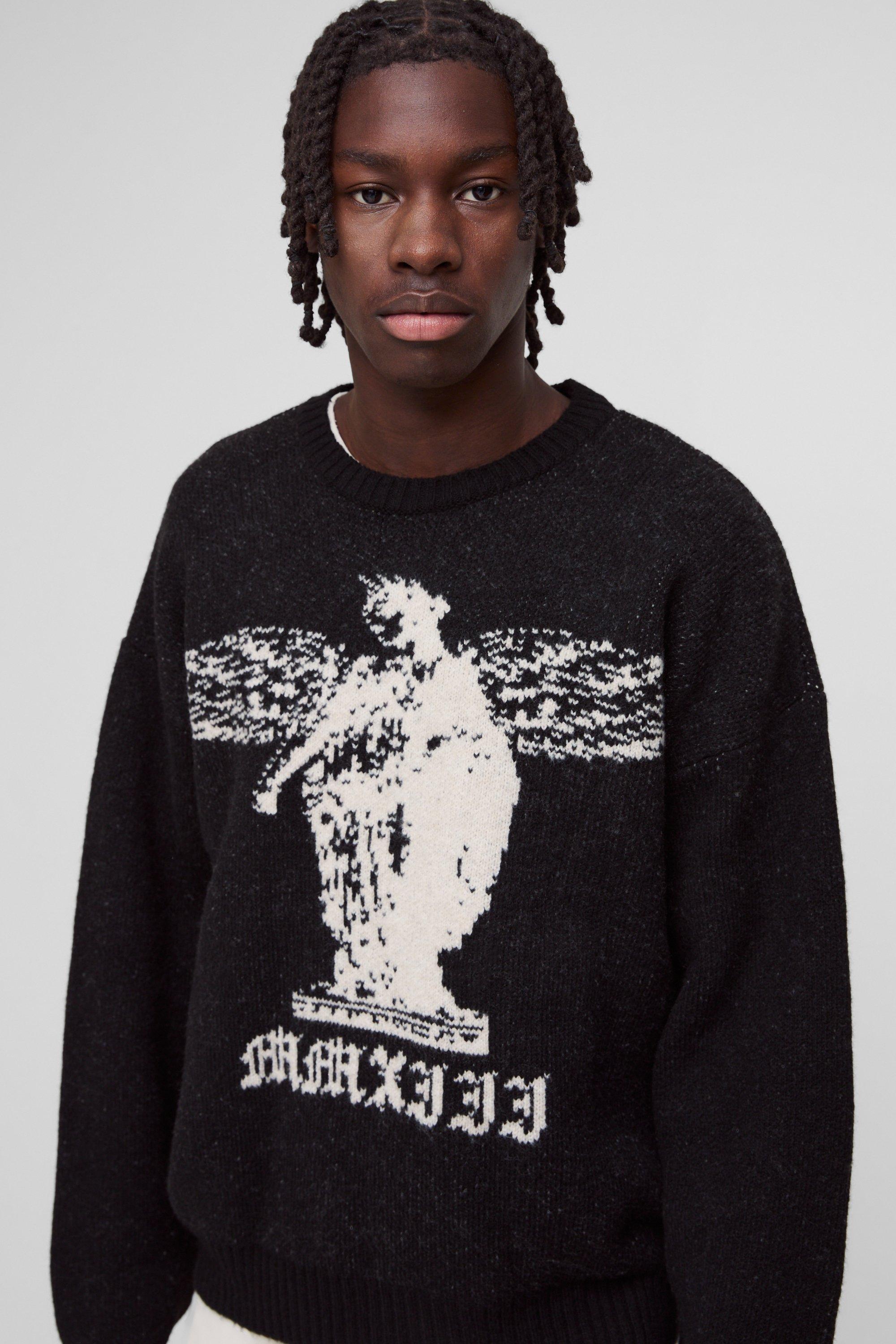 Mens Black Oversized Boxy Brushed Gothic Graphic Knitted Jumper, Black