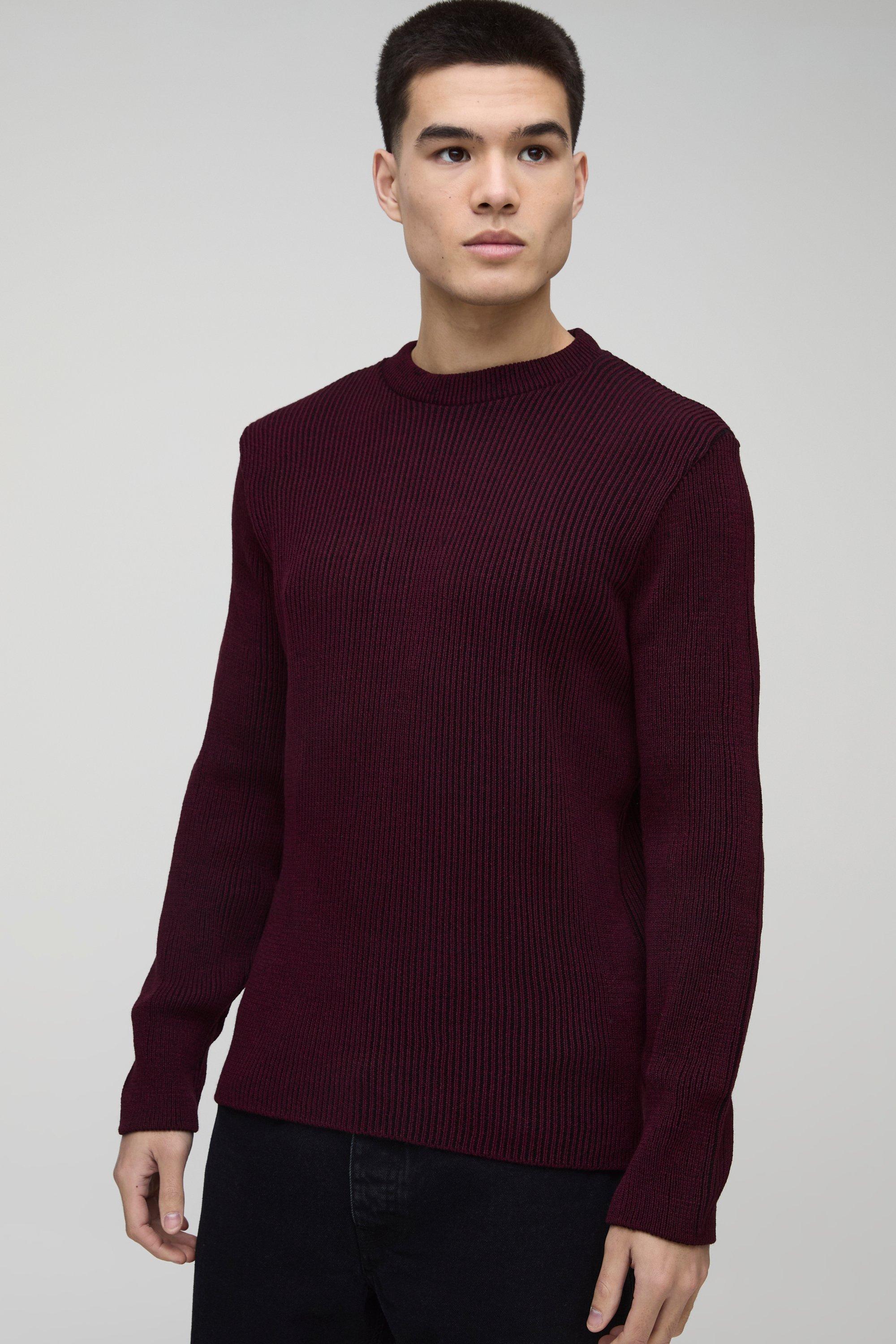 Mens Red Regular Crew Neck Plated Ribbed Knit Jumper, Red