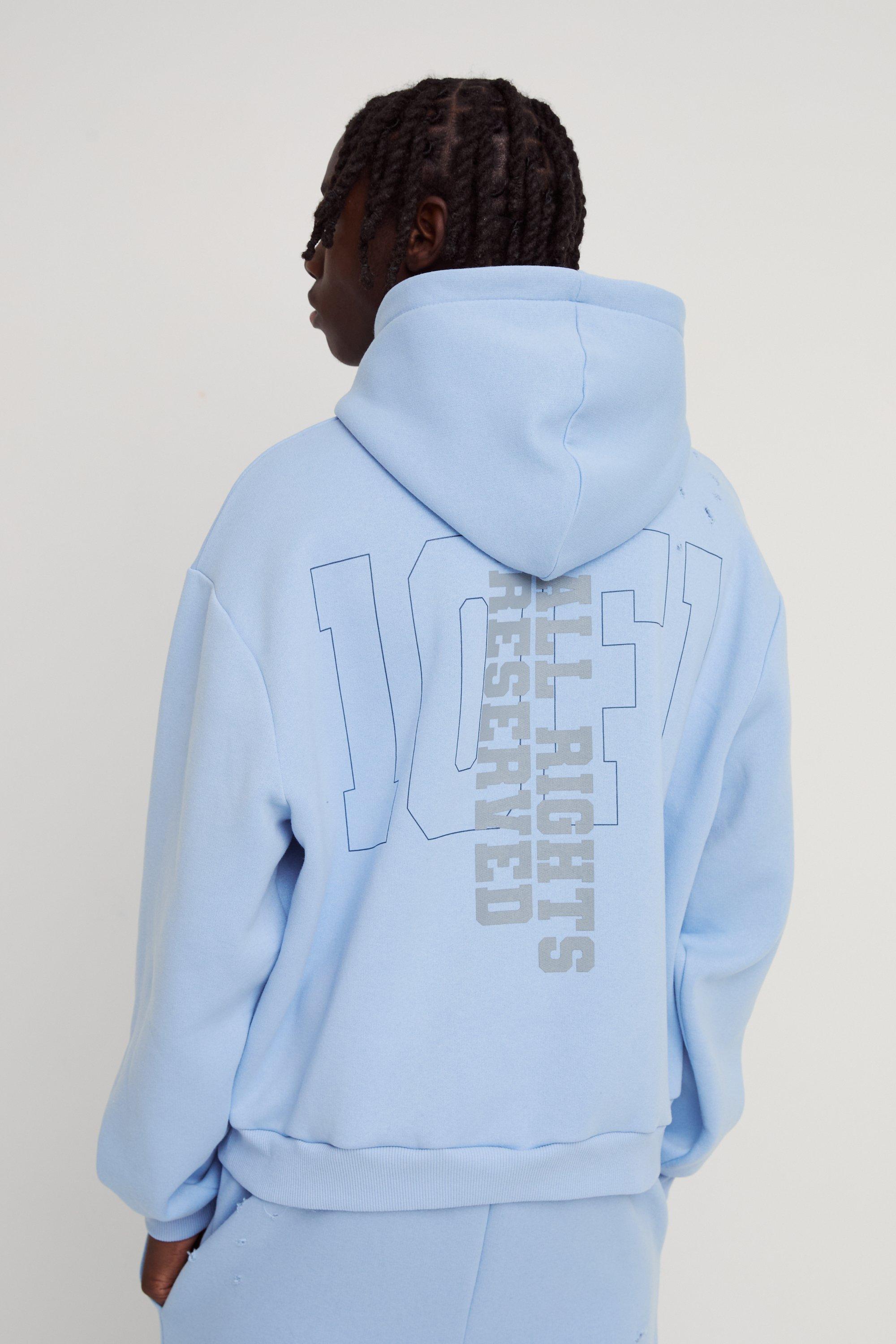 Felpa squadrata oversize Official stile Varsity a effetto consumato con cappuccio, Azzurro