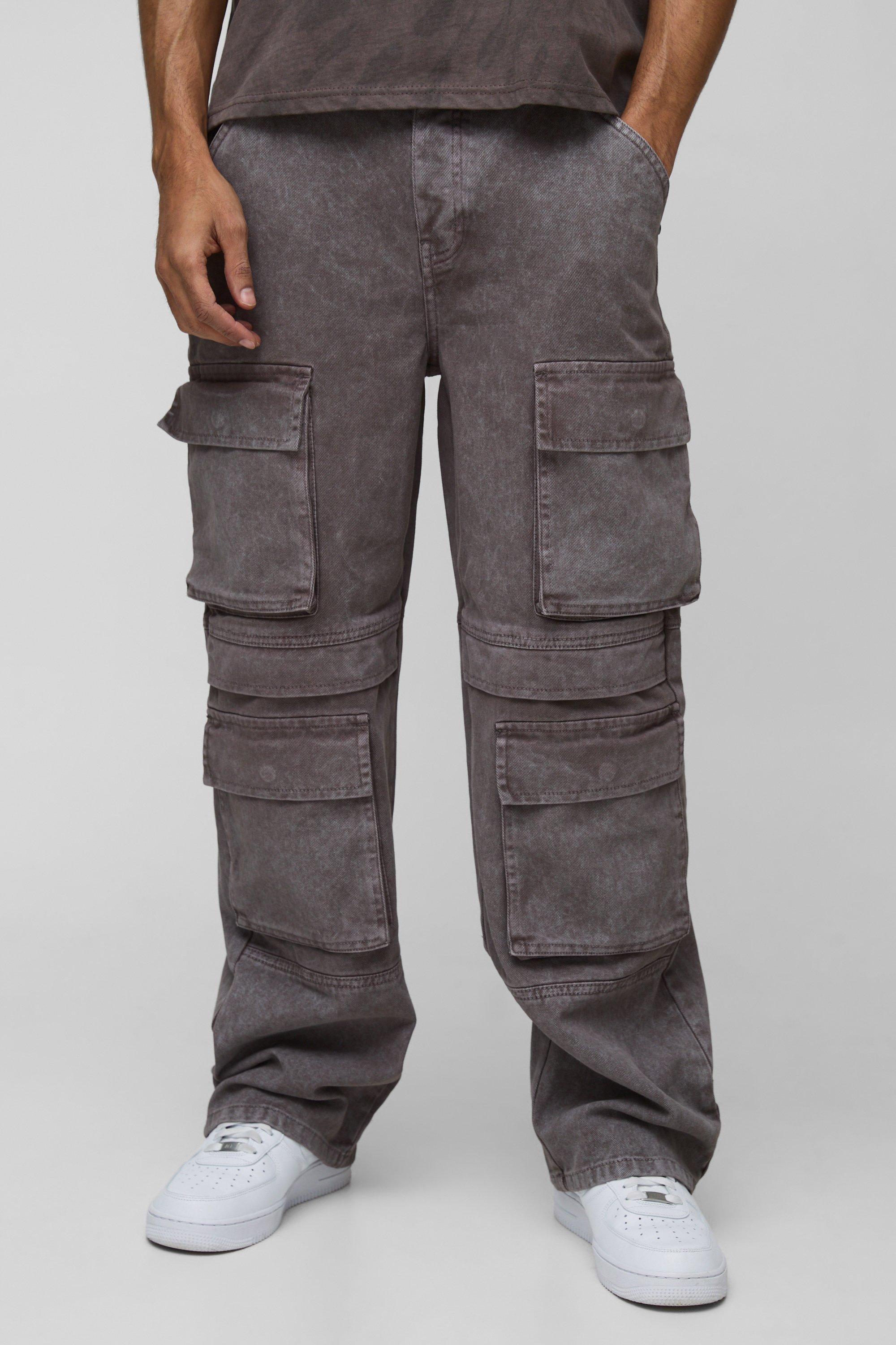 Jeans rilassati in denim rigido in lavaggio acido con tasche Cargo, Beige