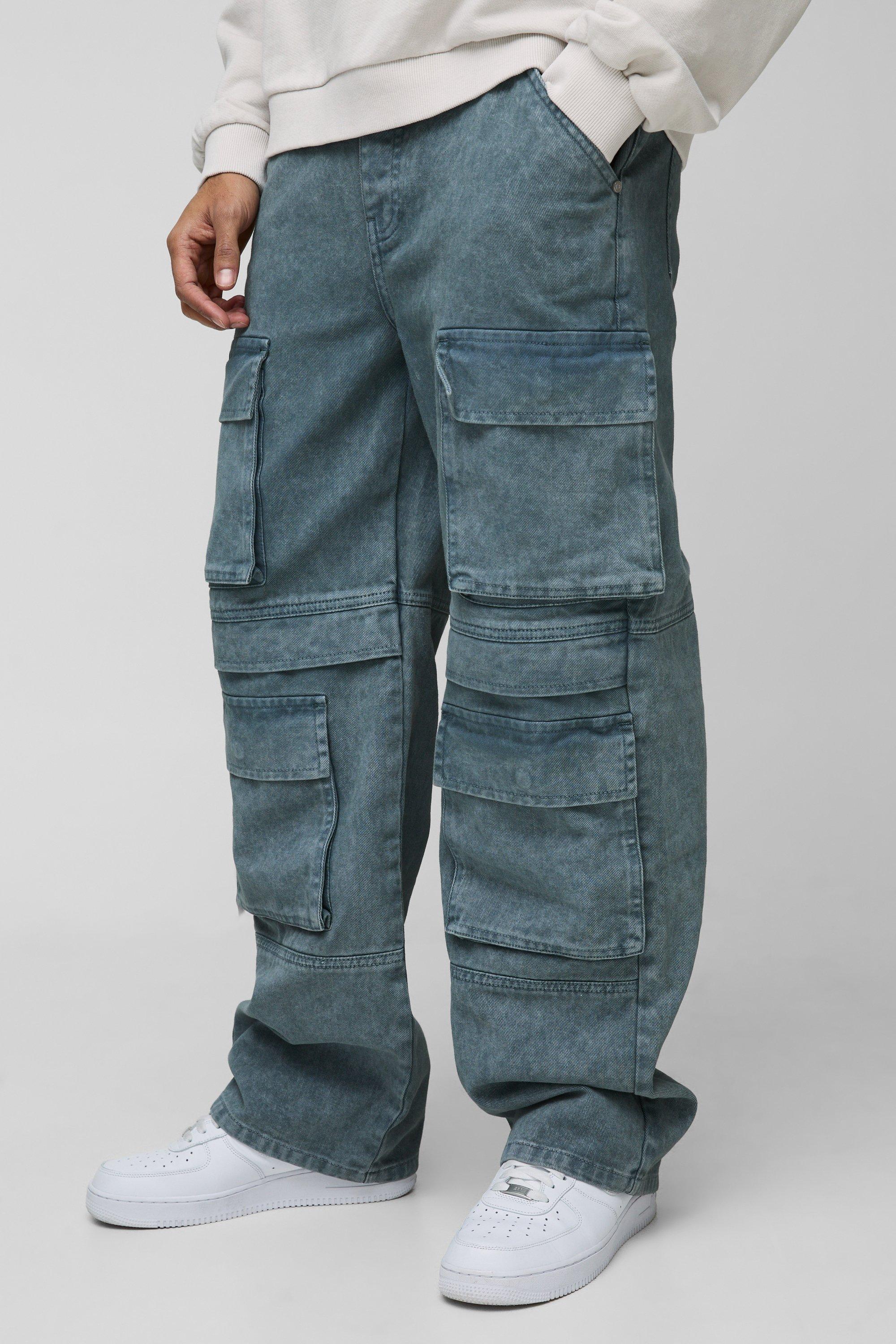 Jeans rilassati in denim rigido in lavaggio acido con tasche Cargo, Grigio