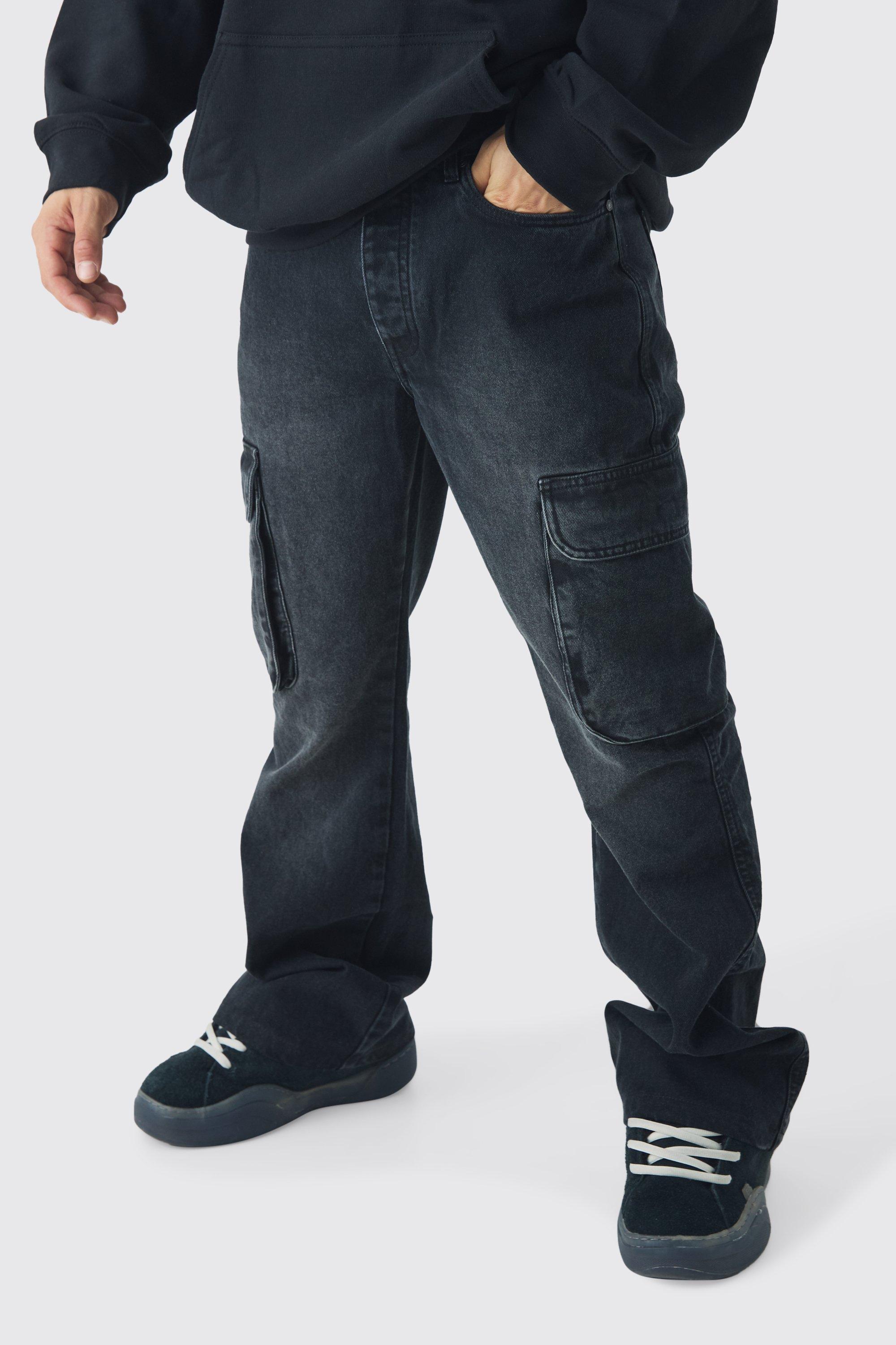 Jeans Cargo in denim rigido rilassati a zampa, Nero