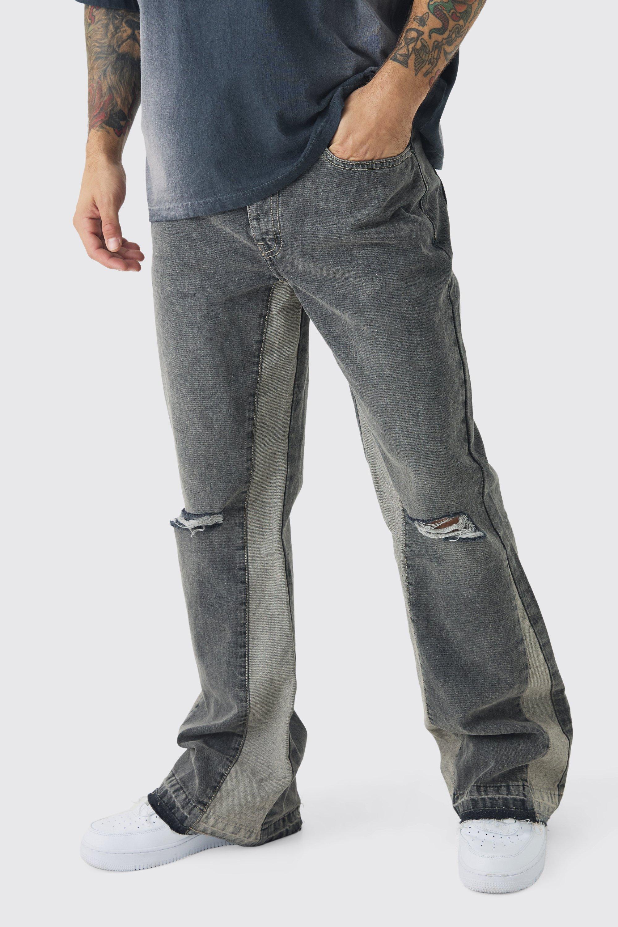 Mens Beige Relaxed Rigid Flare Knee Ripped Denim Jeans, Beige