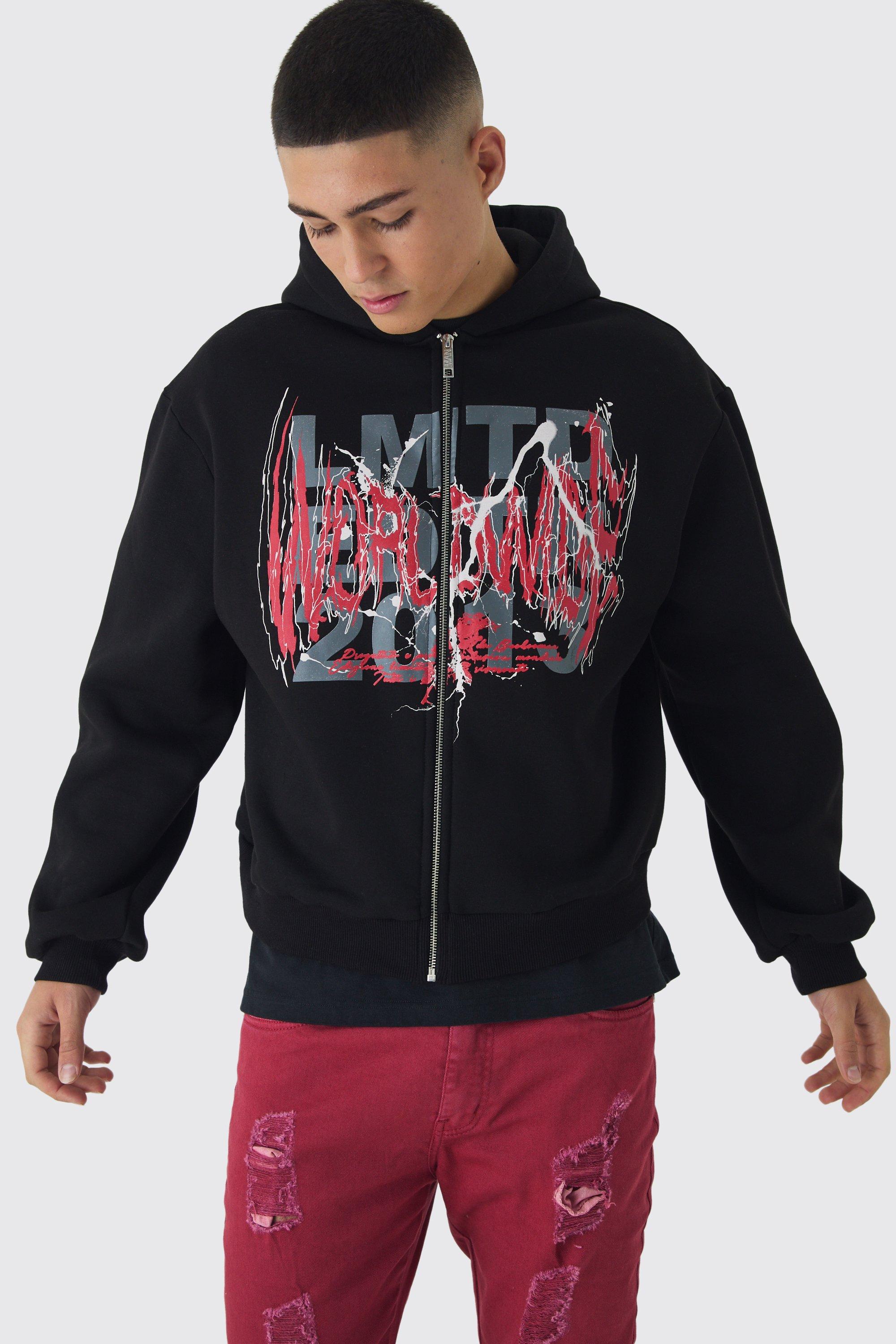 Mens Black Oversized Boxy Large Scale Gothic Print Zip Through Hoodie, Black