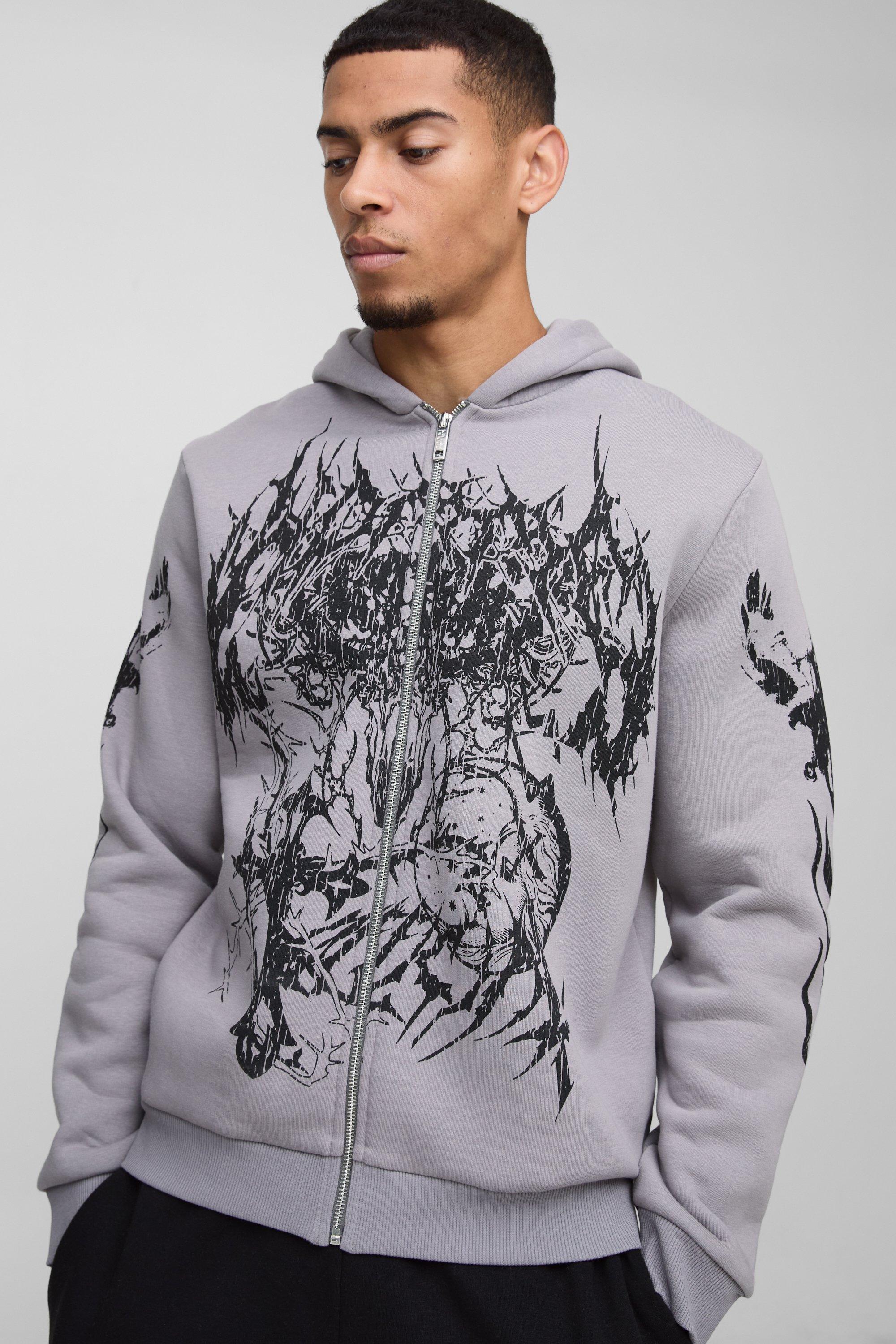 Mens Grey Large Scale Gothic Print Zip Through Hoodie, Grey