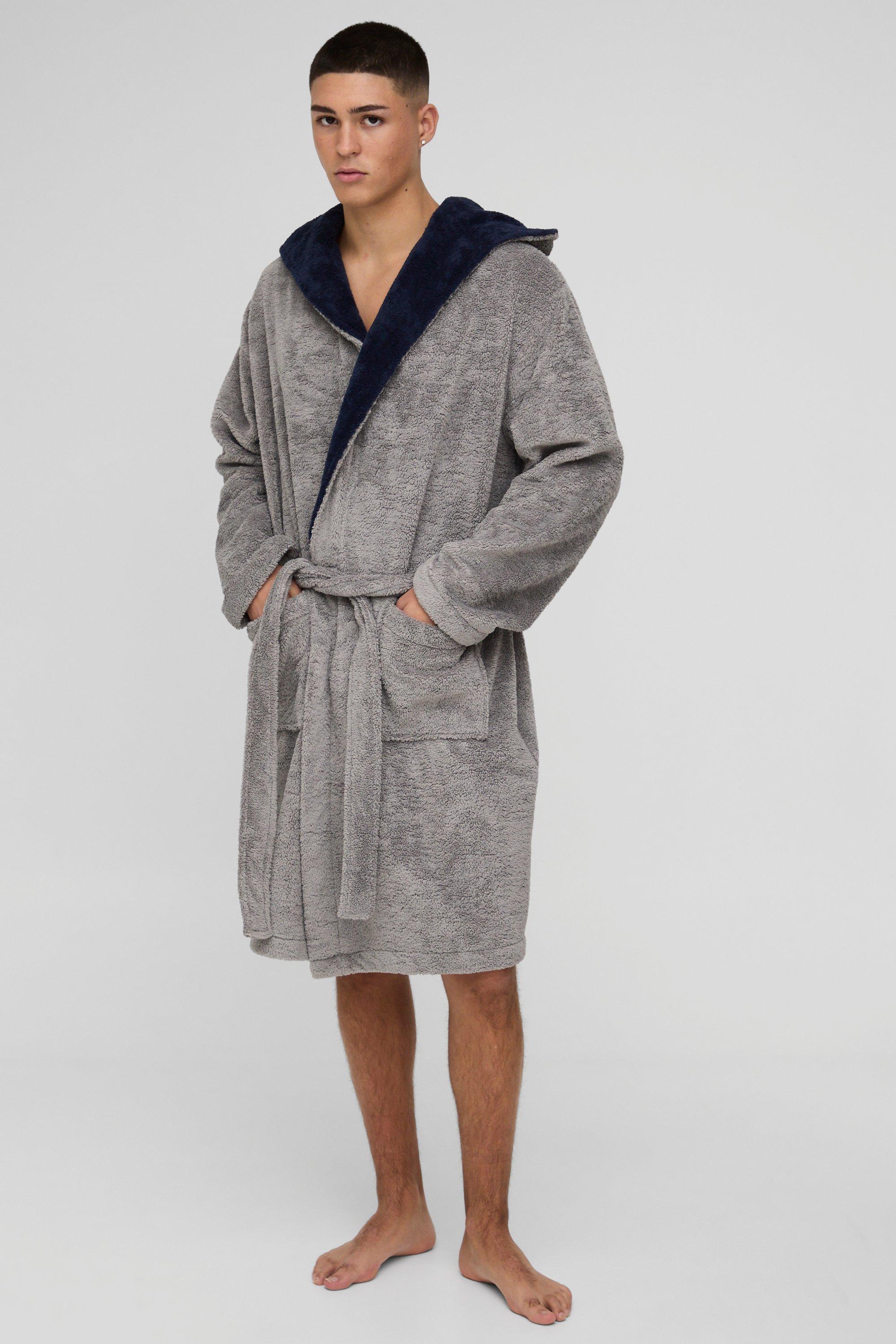 Mens Grey Borg Lined Hooded Dressing Gown, Grey