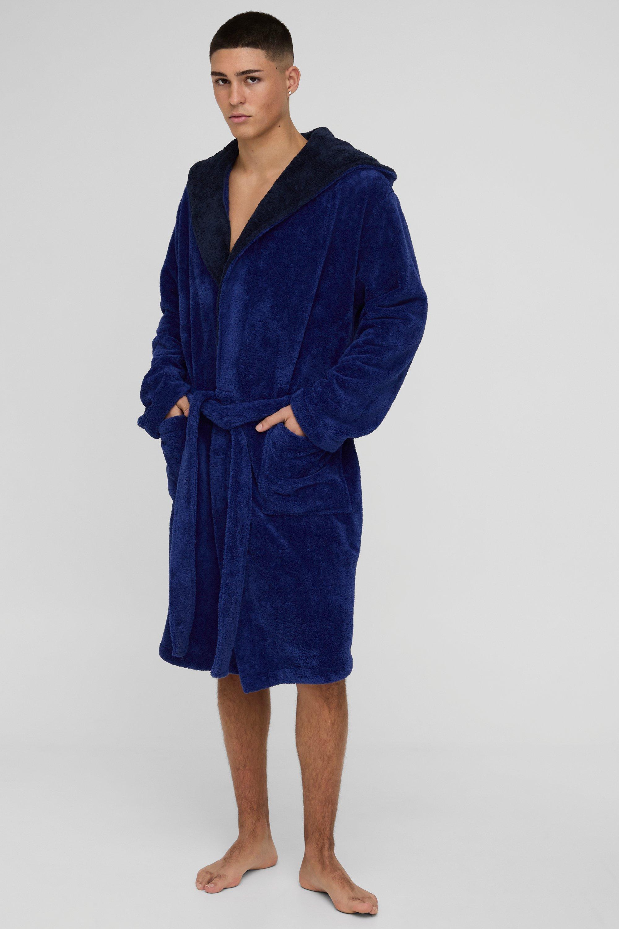 Mens Navy Borg Lined Hooded Dressing Gown, Navy