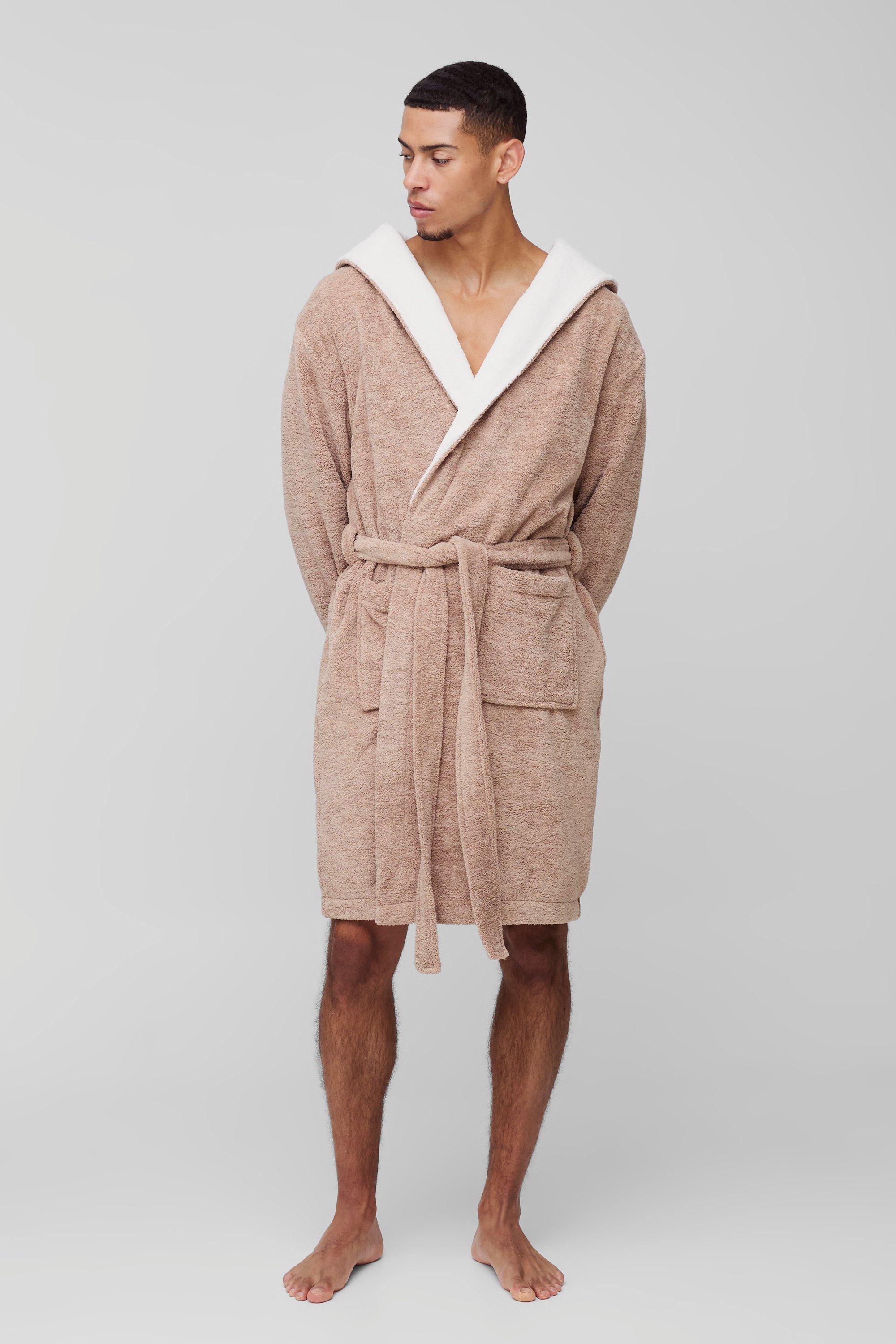 Mens Beige Borg Lined Hooded Dressing Gown, Beige