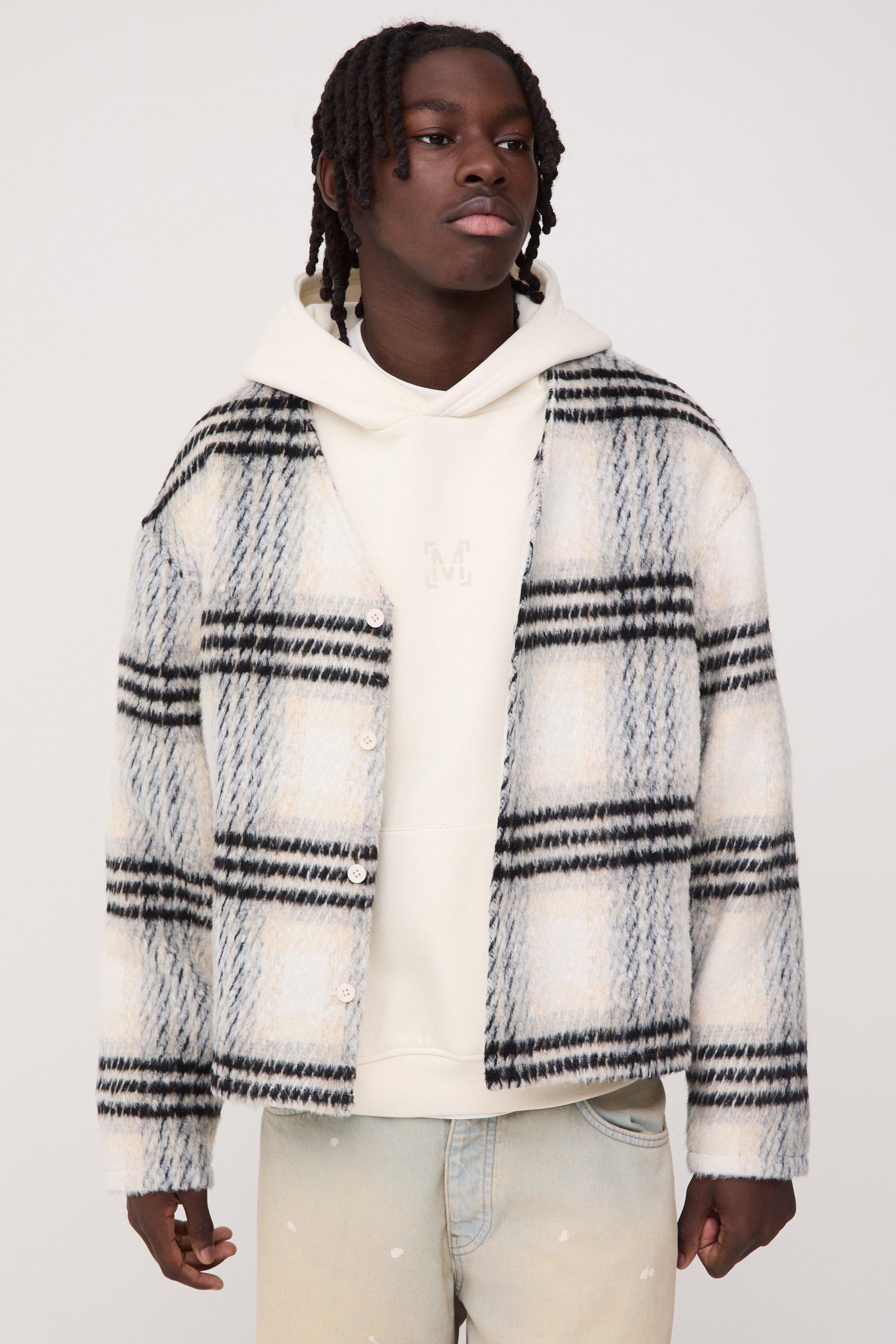 Mens Cream Oversized Collarless Brushed Check Overshirt, Cream