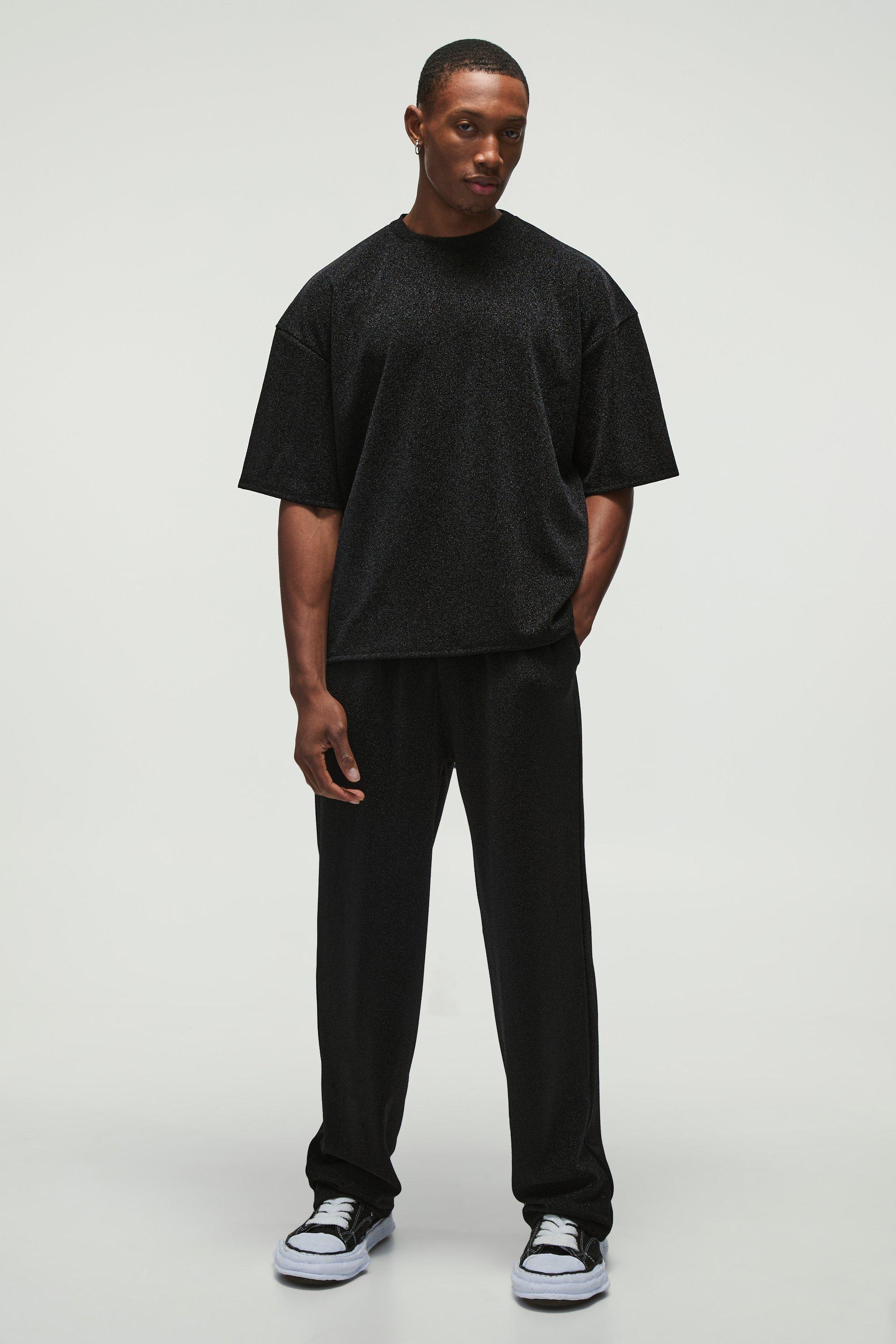 Mens Black Oversized Metalic Boxy T-shirt & Elasticated Relaxed Metallic Trouser Set, Black