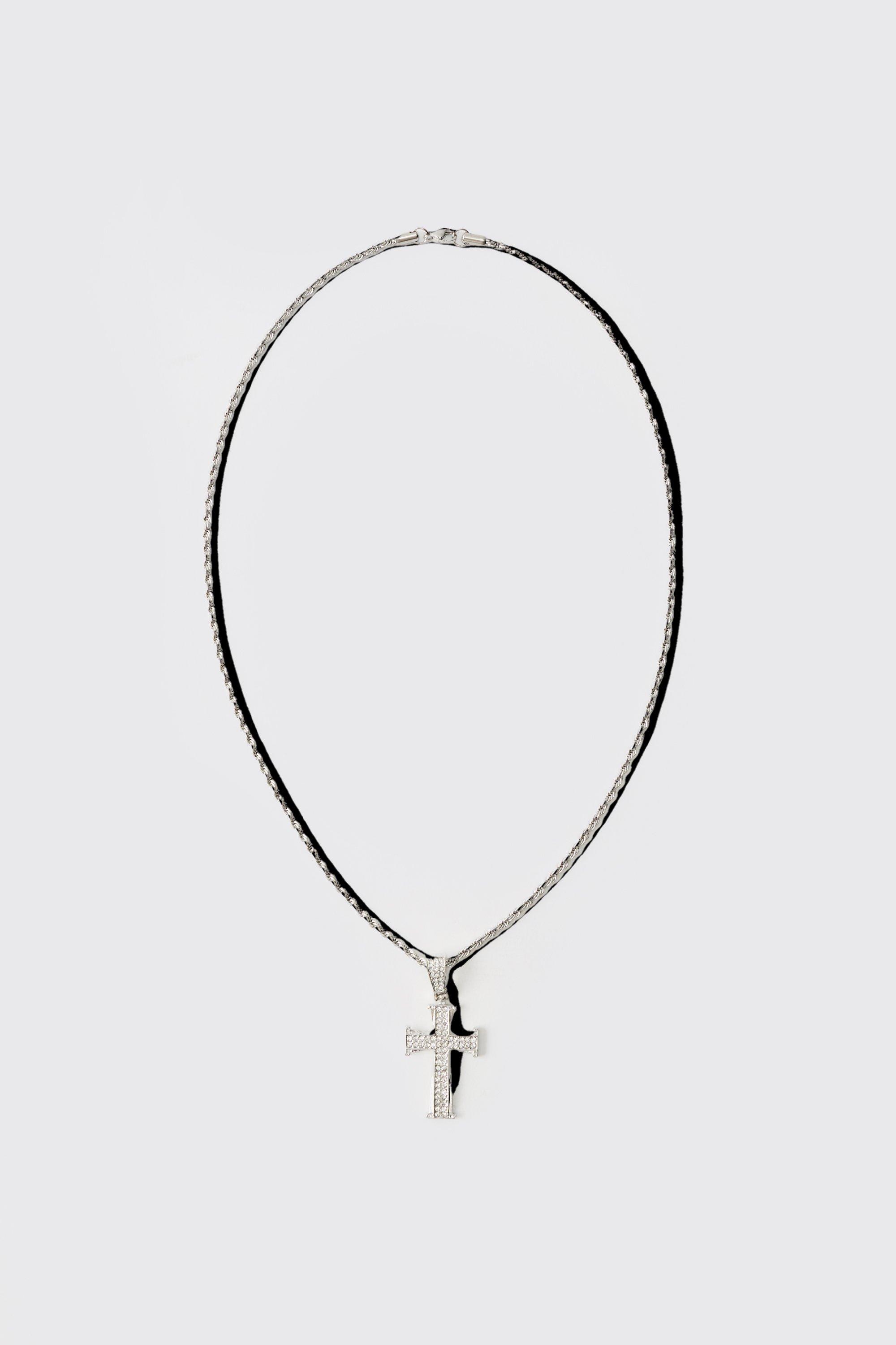 Mens Grey Iced Out Cross Silver Rope Chain Necklace, Grey