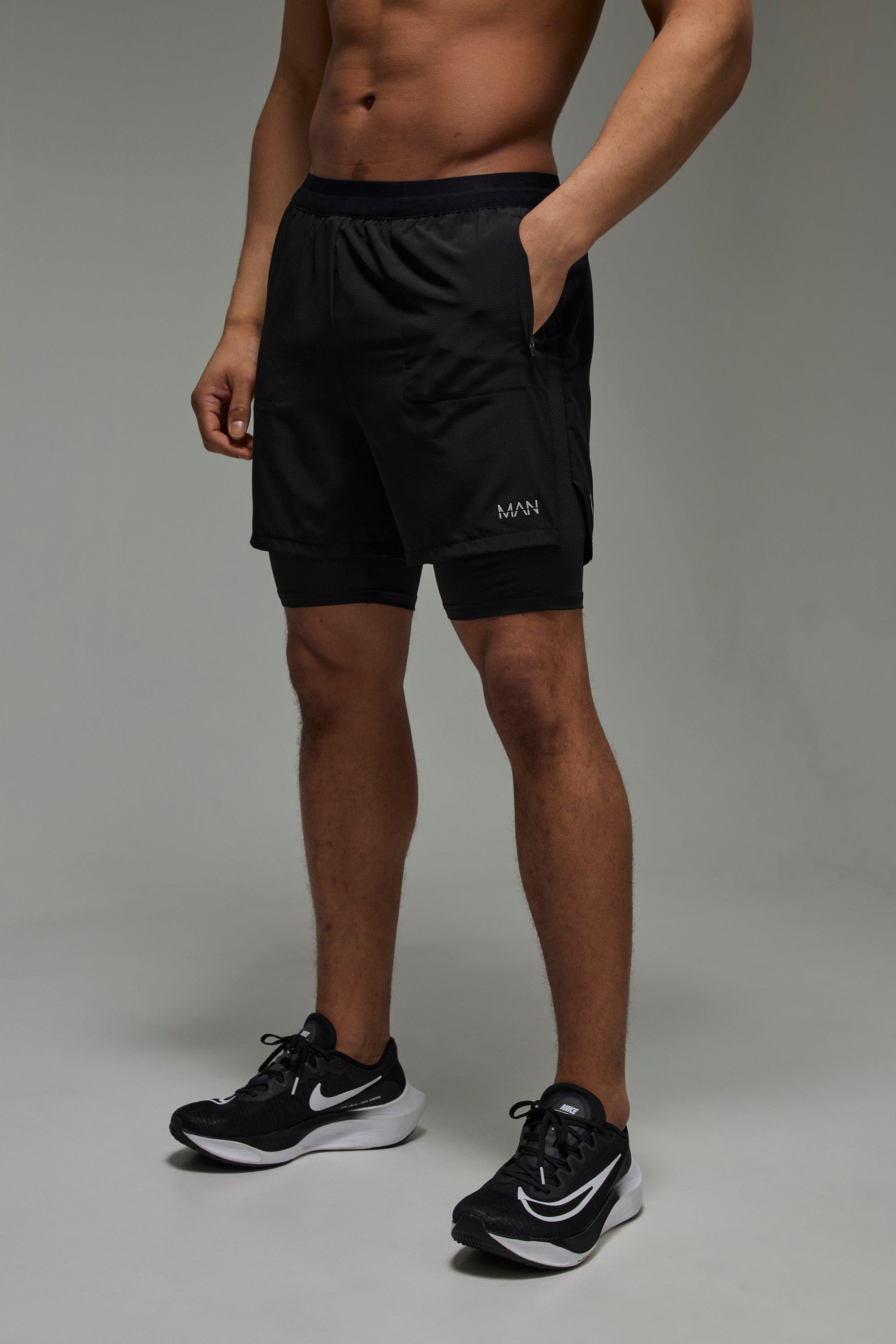 Mens Black Man Active Stretch 2 in 1 5inch Grid Short, Black