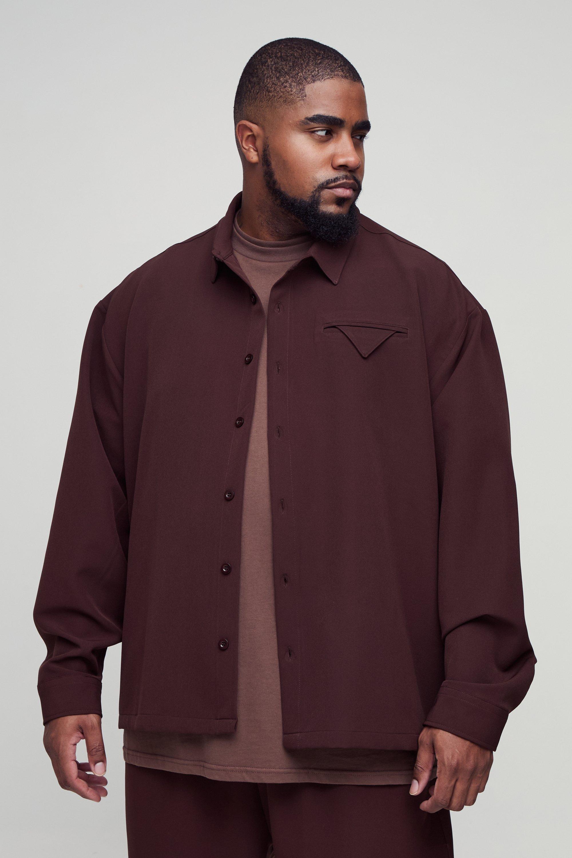 Mens Brown Plus Stretch Woven Pocket Detail Oversized Shirt, Brown