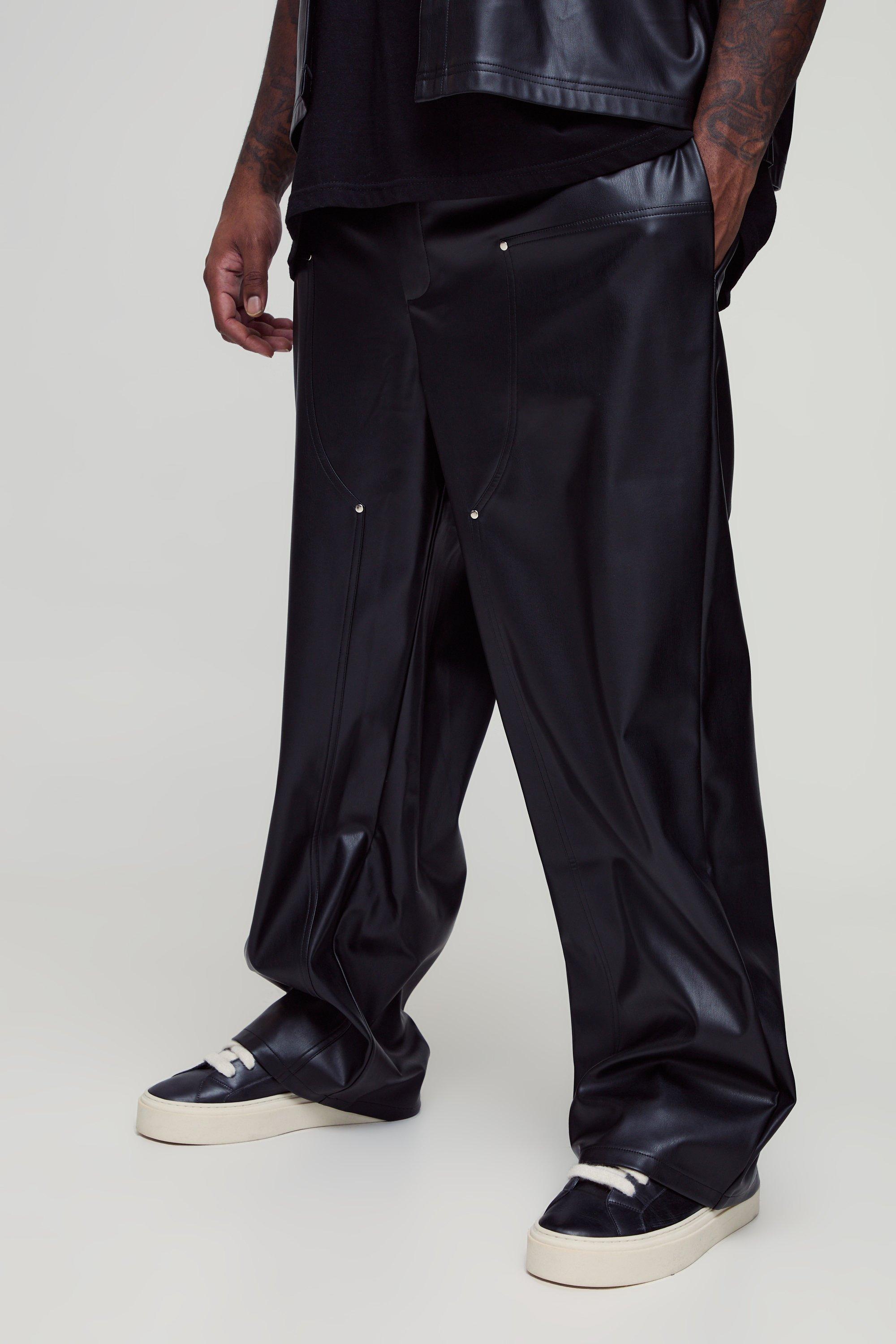 Pantaloni da lavoro Plus Size rilassati con fascia in vita fissa e pannelli da lavoro in PU, Nero