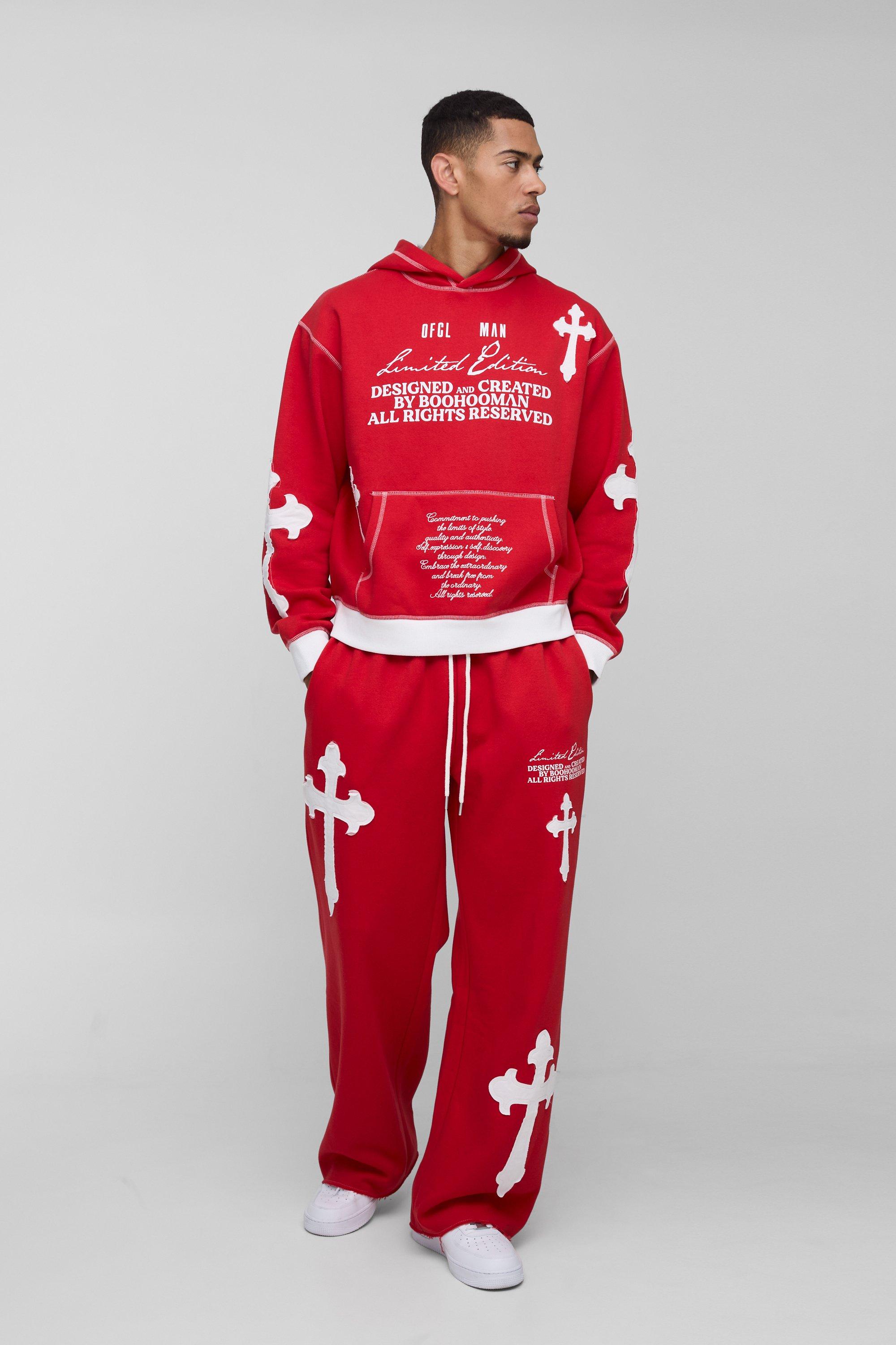 Tuta sportiva squadrata oversize Limited Edition con applique a croce e cappuccio, Rosso