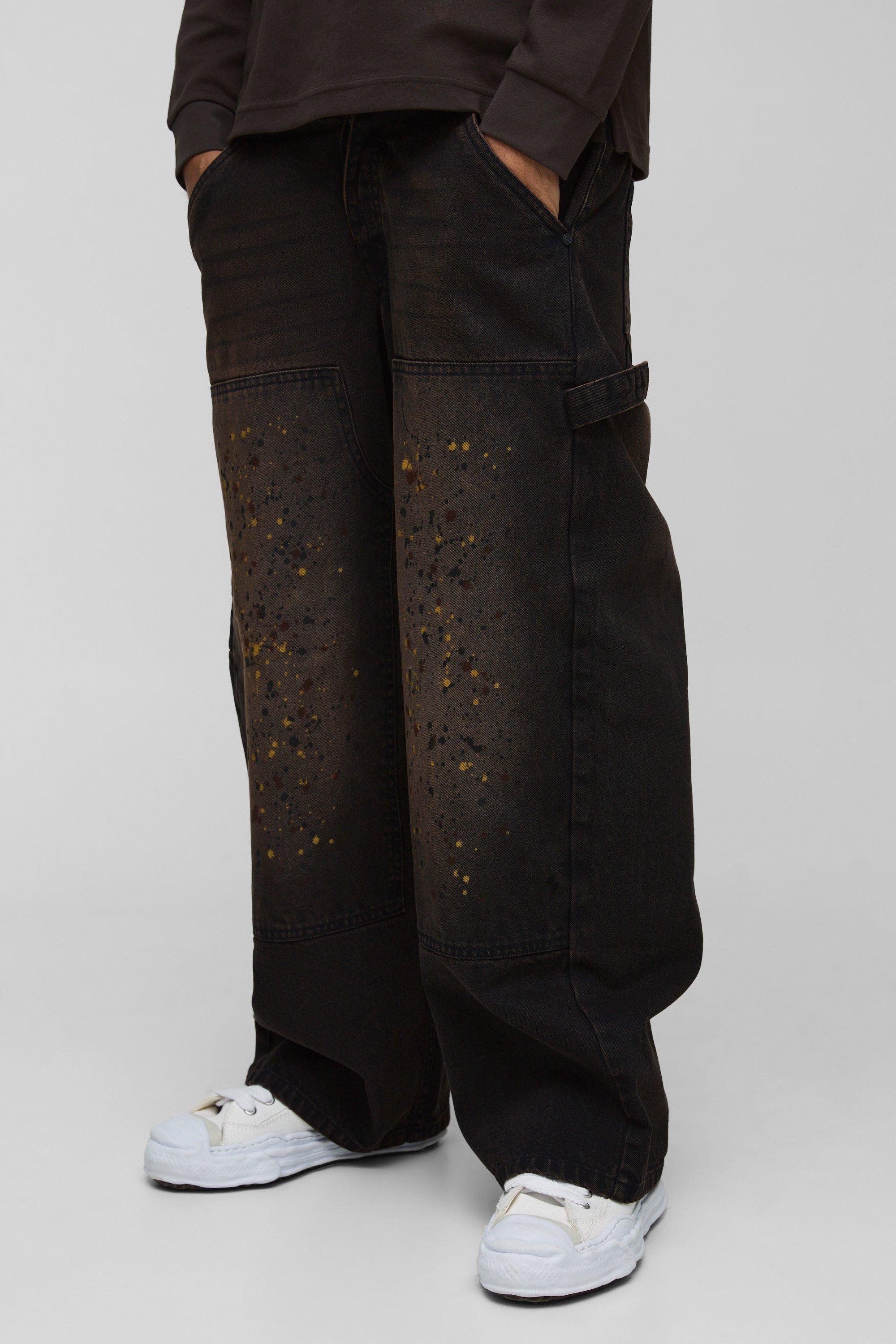 Mens Brown Baggy Rigid Paint Splatter Carpenter Denim Jeans, Brown