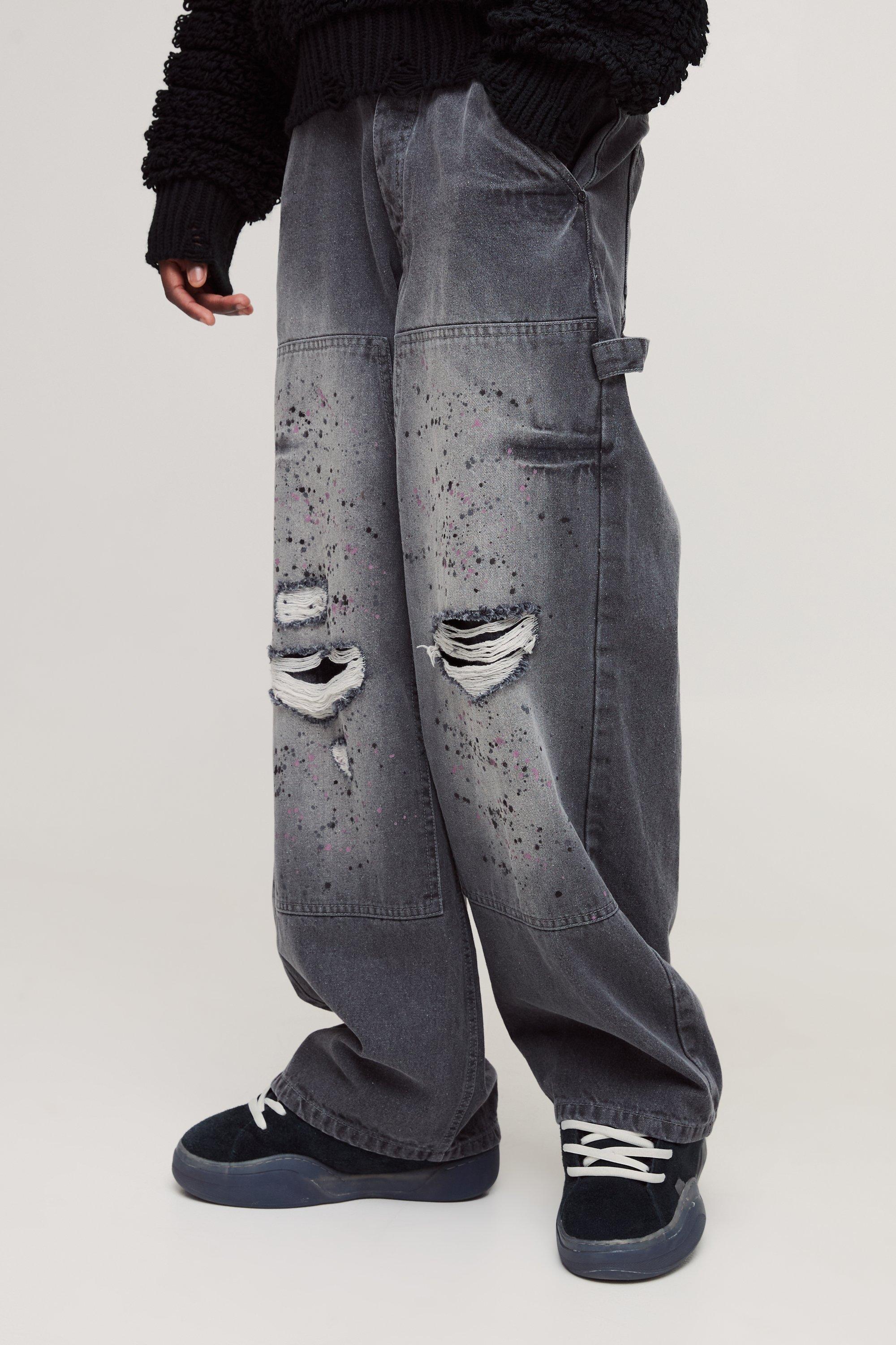 Mens Grey Baggy Rigid Paint Splatter Carpenter Denim Jeans, Grey