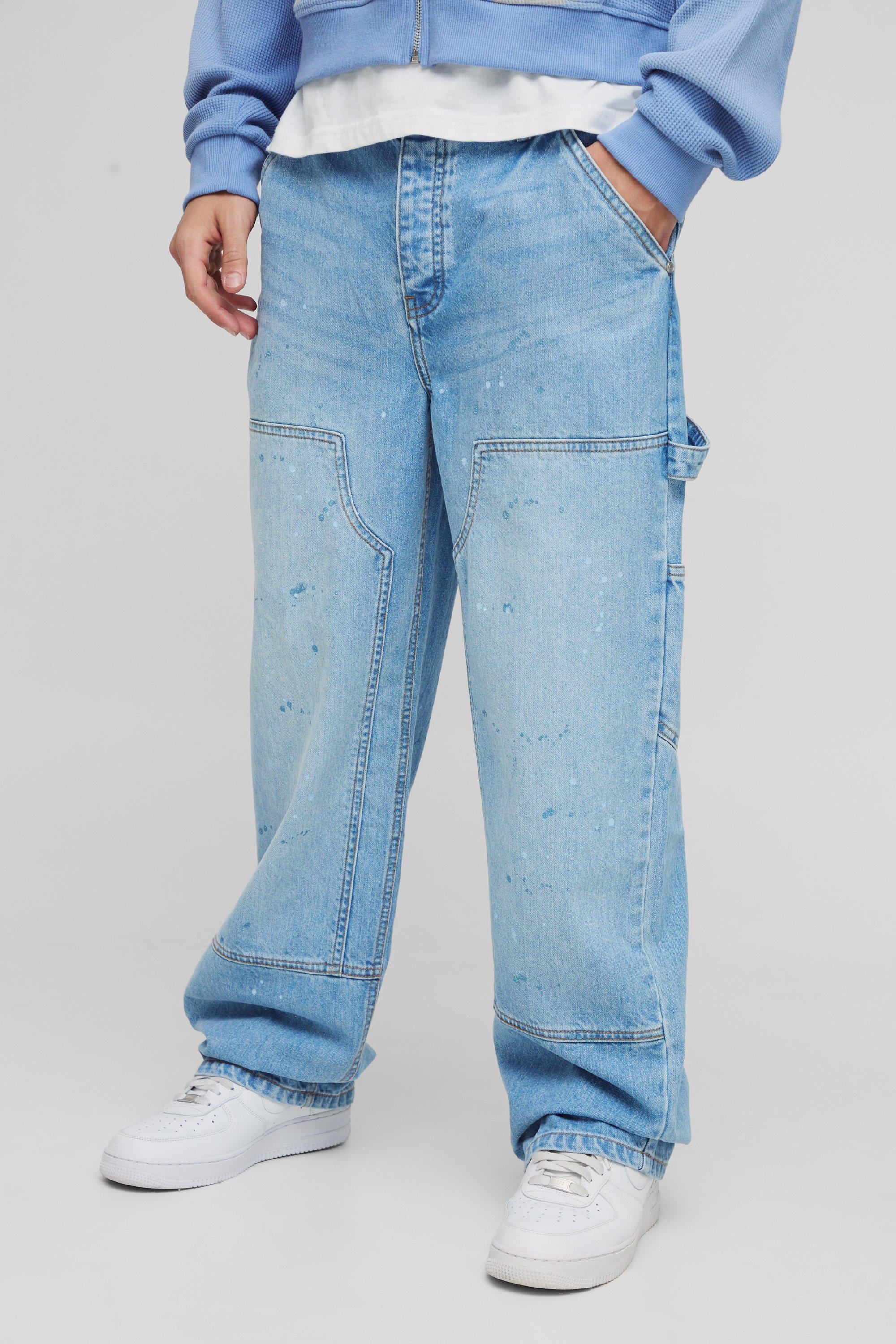 Mens Blue Relaxed Rigid Paint Splatter Carpenter Denim Jeans, Blue
