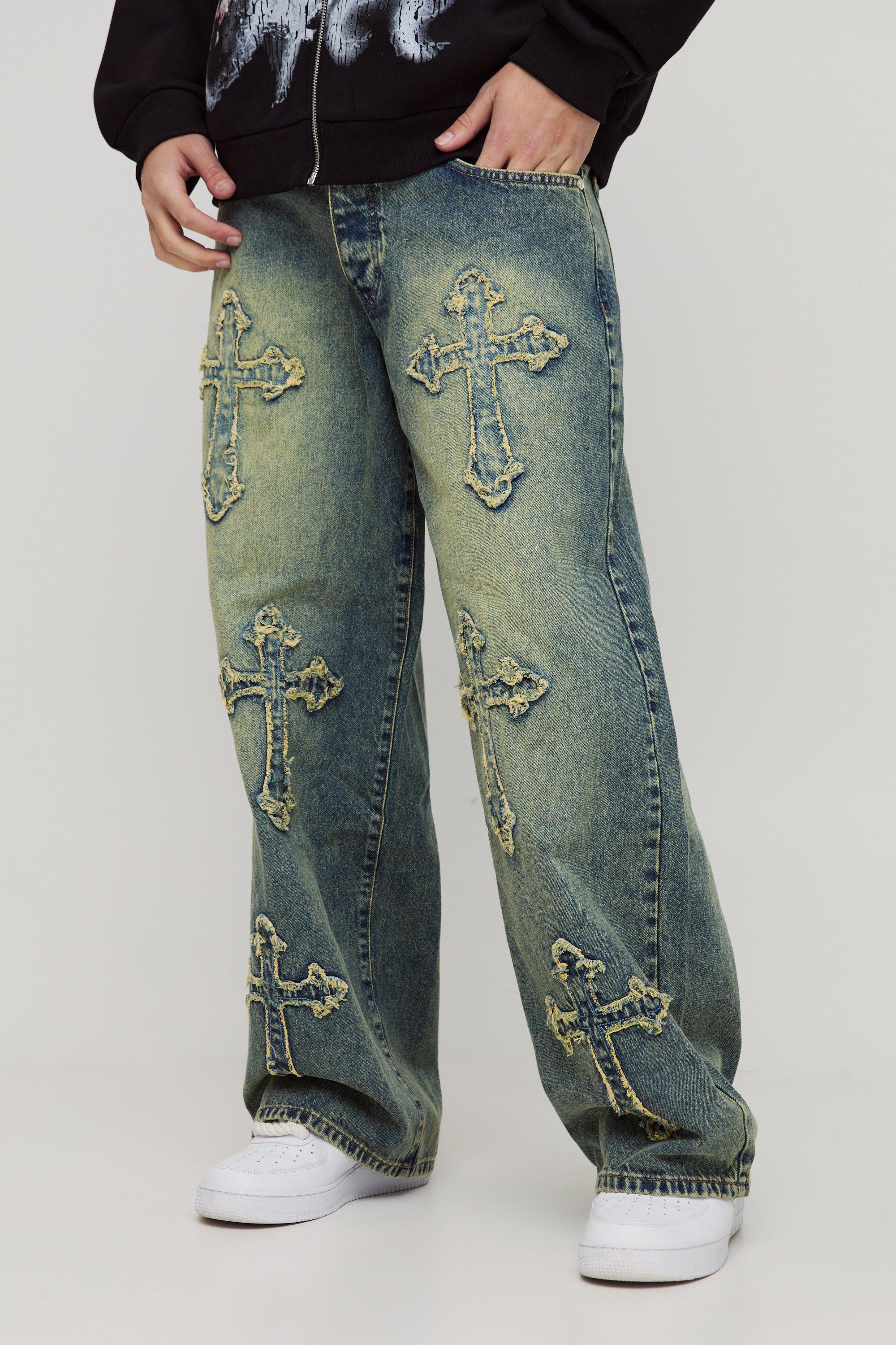 Mens Green Baggy Rigid Cross Applique Denim Jeans, Green