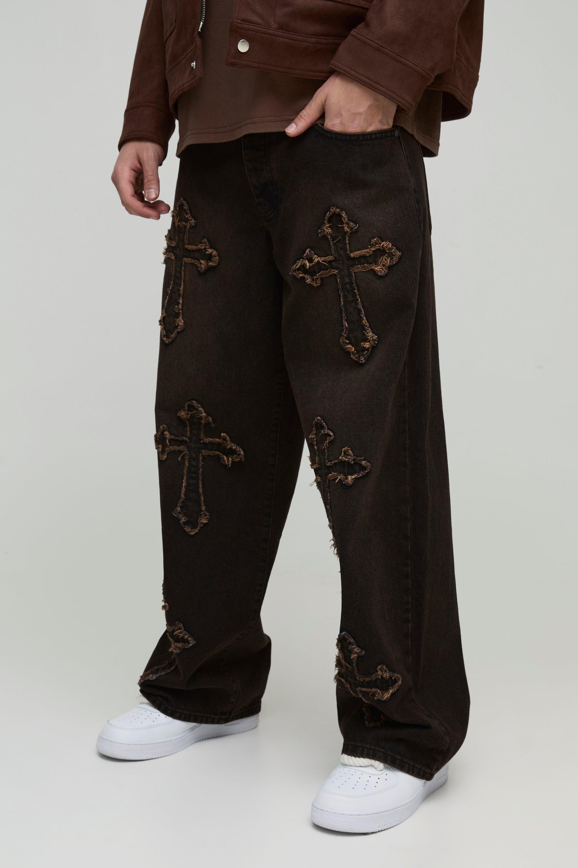 Jeans extra comodi in denim rigido con applique a croce, Brown
