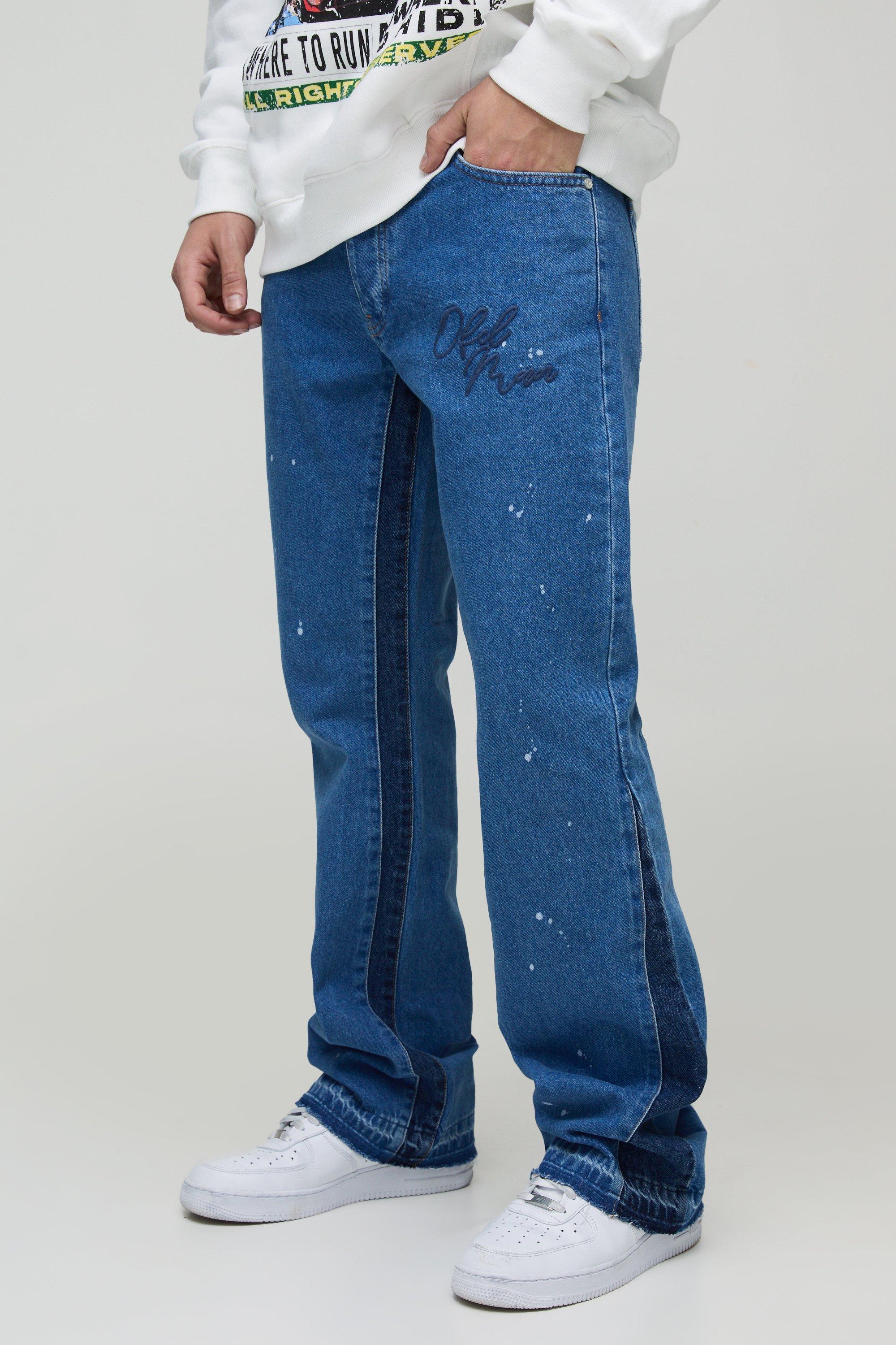 Jeans a zampa Slim Fit in denim rigido con ricami, schizzi di colore e inserti, Azzurro