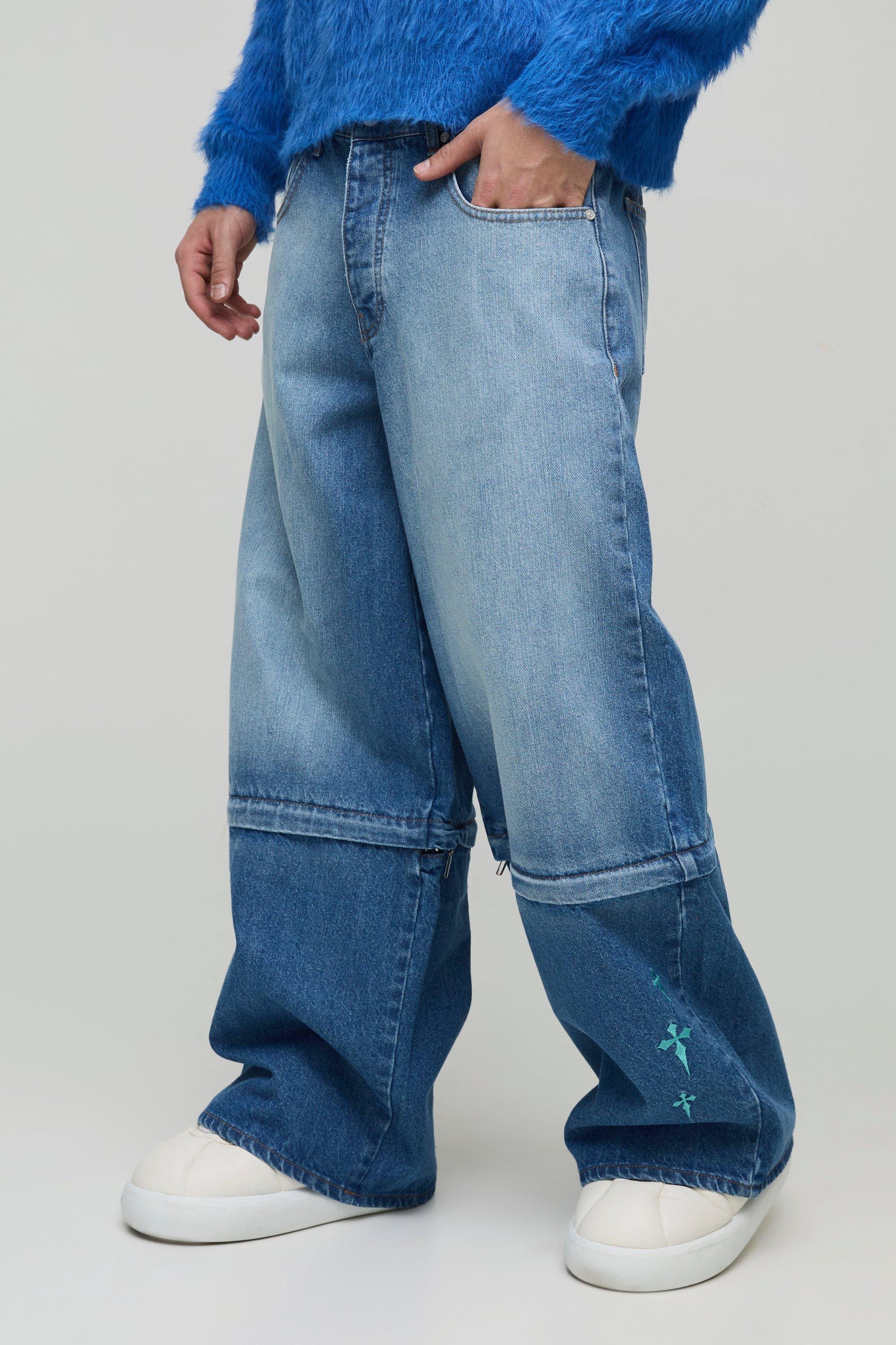 Jeans extra comodi in denim rigido con zip e ricami incrociati, Azzurro