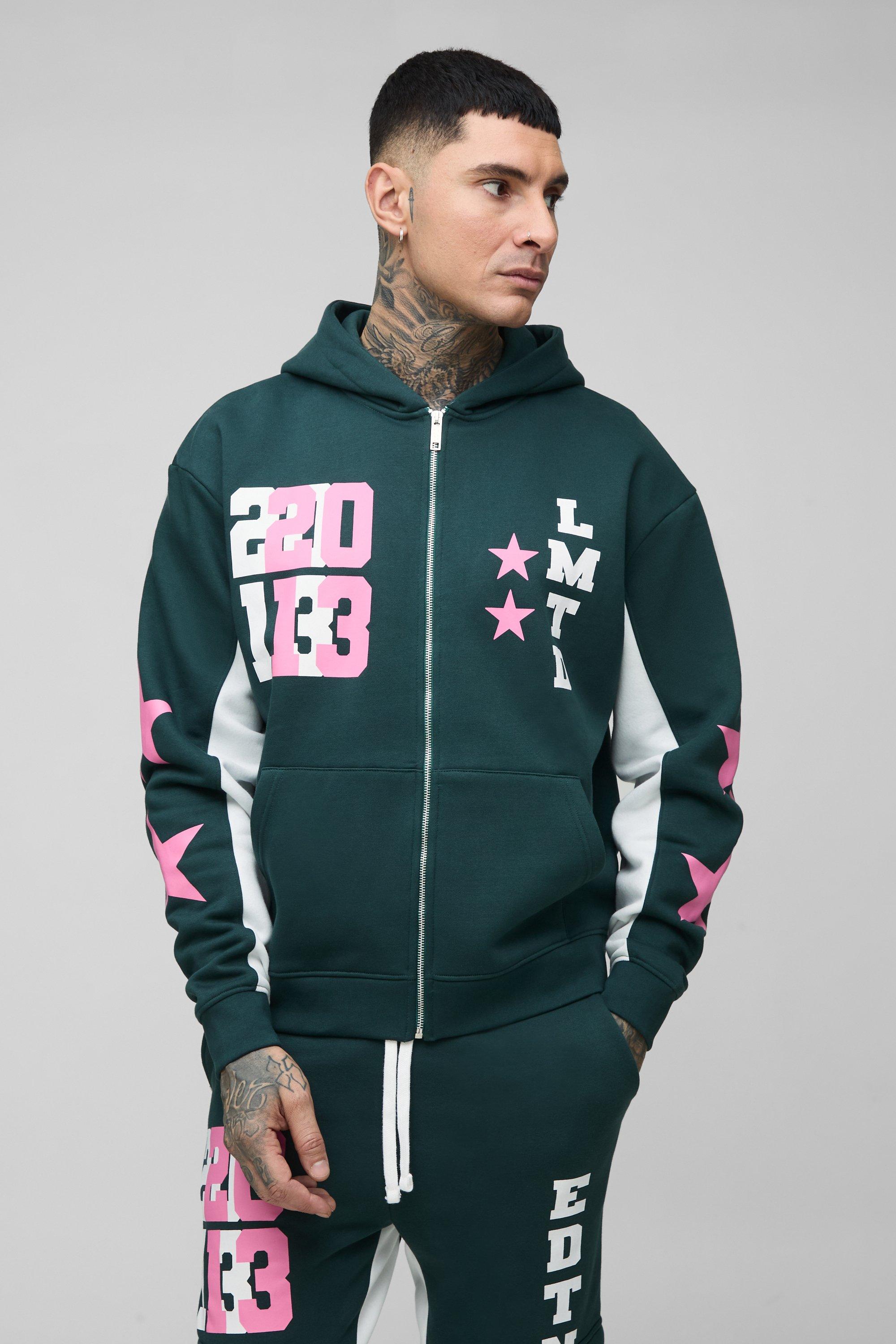 Mens Green Tall Oversized Boxy Zip Up Limited Hoodie, Green