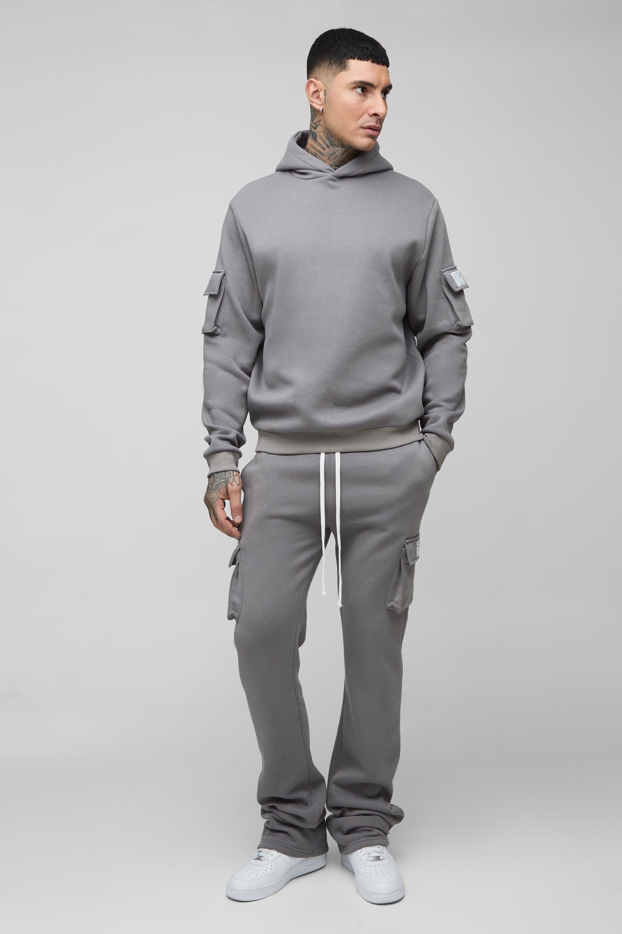 Mens Grey Tall Super Stacked Woven Tab Cargo Hooded Tracksuit, Grey